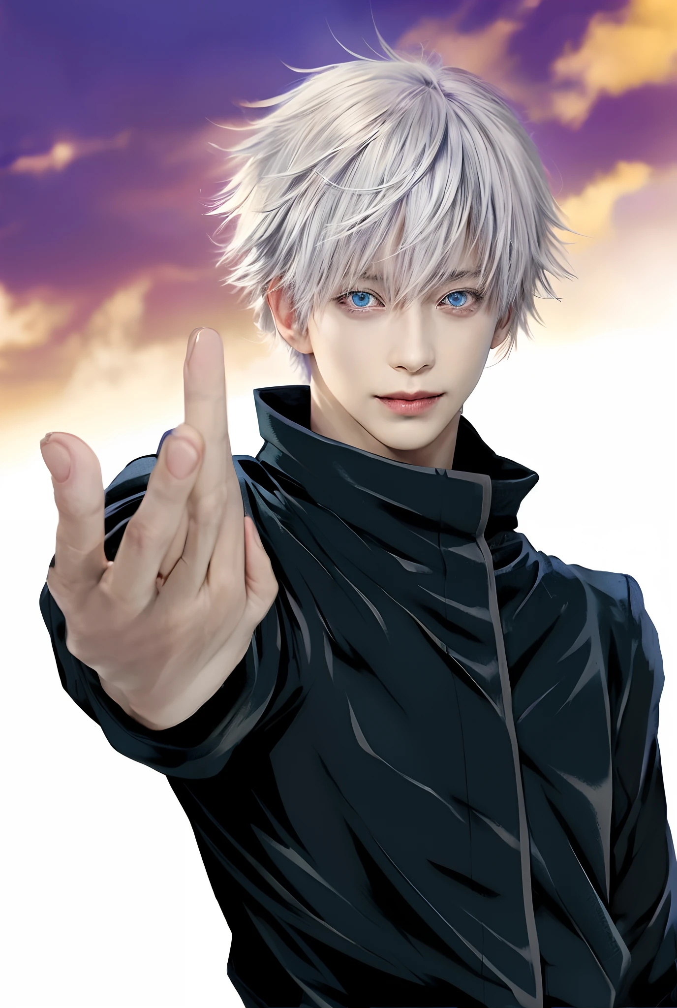 1man, gojo satoru in anime jujutsu kaisen, short hair , white hair, blue ligth eyes, handsome, smile, purple clothes, realistic clothes, detail clothes, city background, ultra detail, realistic