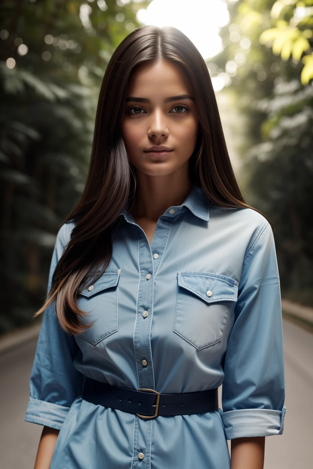 Fotografia natural de uma bonita, usando uma camisa dolce & Gabbana, leaning over, long flowing hair, busto grande, Close your eyes on camera, symmetric eyes, symmetrical face, fotorrealista, fotografia, Rastreamento de caminho, specular illumination, volumetric facial light, path traced hair, visible shadows, intrincado, elaborar