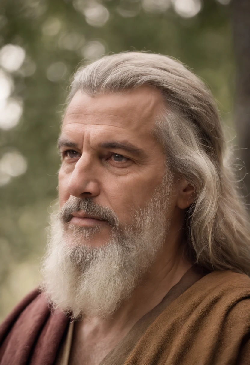 "Half-body photo of a wise and imposing man, de 40 anos, magro, barbudo e com cabelos grisalhos, with a serious expression and an air of experience. highes definition. Inspiration of ancient Greek man."