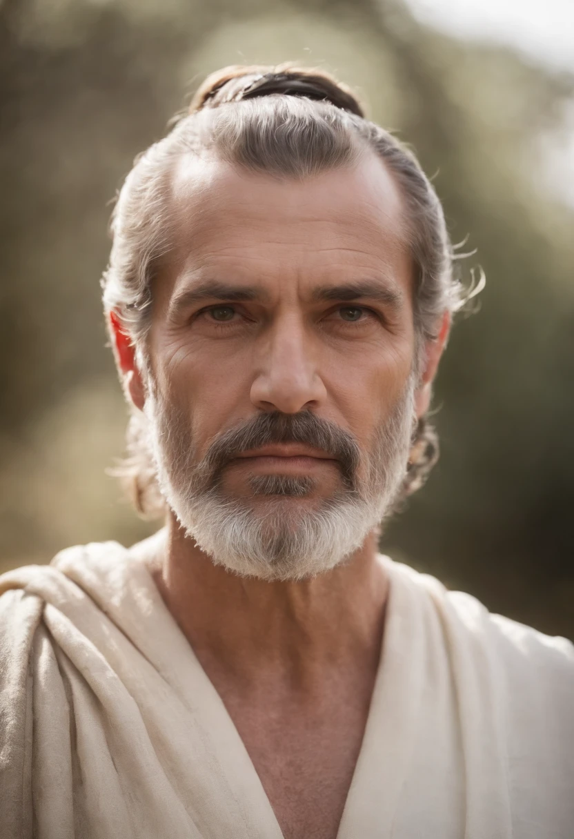 "Half-body photo of a wise and imposing man, de 40 anos, magro, barbudo e com cabelos grisalhos, with a serious expression and an air of experience. highes definition. Inspiration of ancient Greek man."
