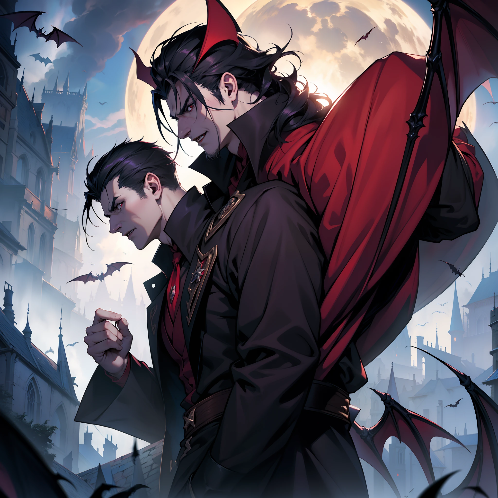 Demon and Dracula fight for a city with bats, Jeff Easley et Ross Tran, William H. pongiluppi, Fantaisie de vampires, Vampire du clan Lasombra, par Arthur Pan, par Yang J, Male vampire, an ominous fantasy illustration, l vampire, Art de style dark fantasy, Castelvanie, Seigneur vampire, comte Dracula, vampire hyper realistic super detailed faces hyper realistic super detailed poses correct Anatomy