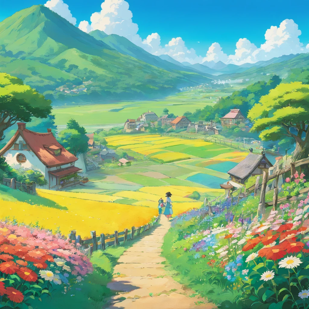 montanha com campo de flores