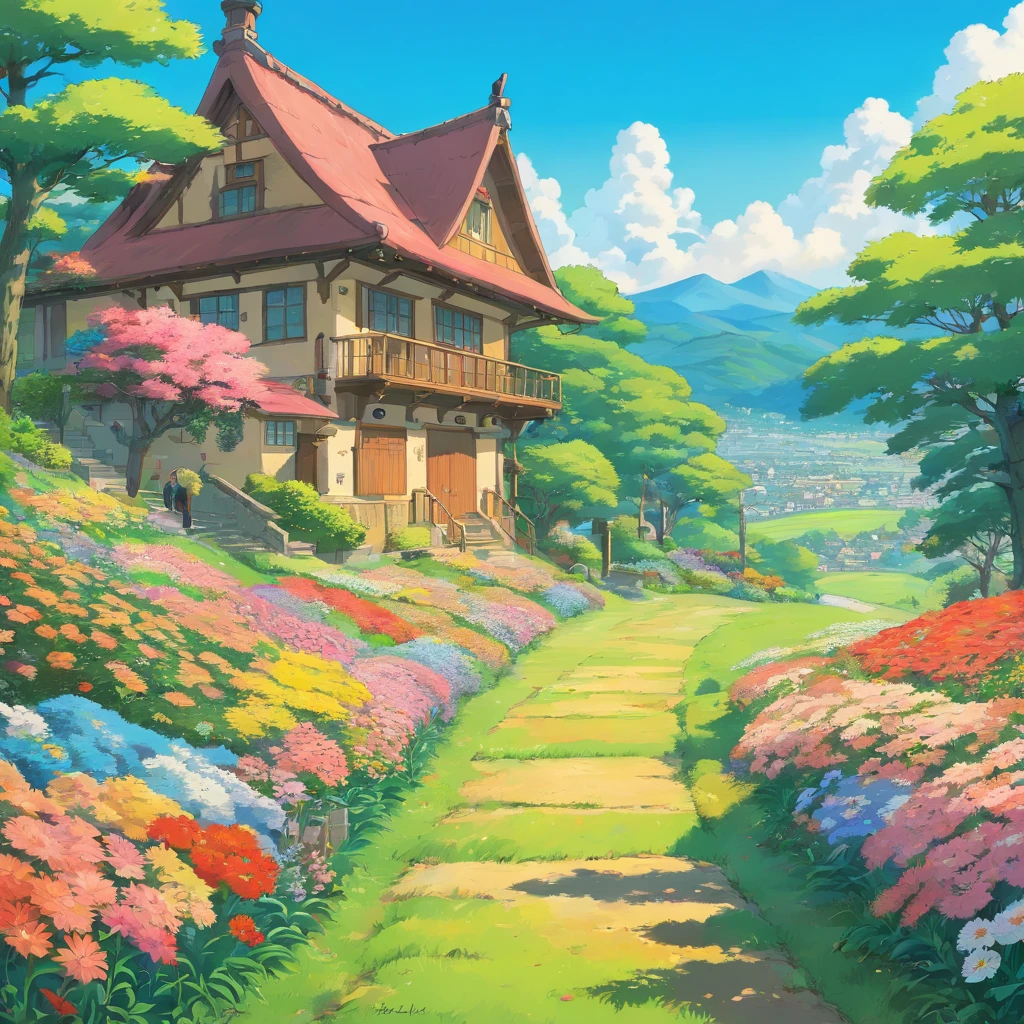 montanha com campo de flores
