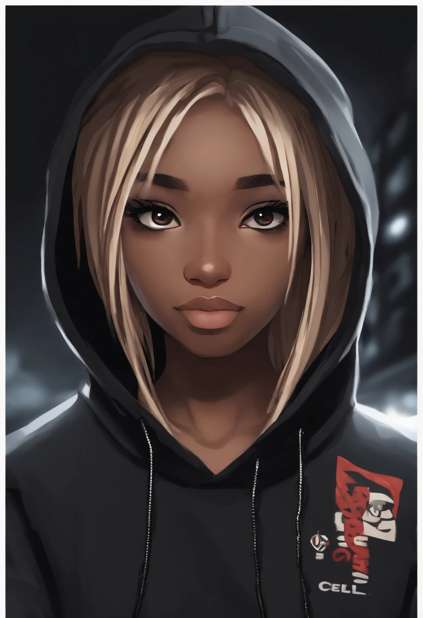 Personagem negro de 15 anos, com cabelo preto curto. Wears black hoodie and jeans. Usa celular preto com tela grande e adesivo de hacker. It's standing on a dark street, olhando para o celular, ((estilo anime)), (anime style), ((anime))