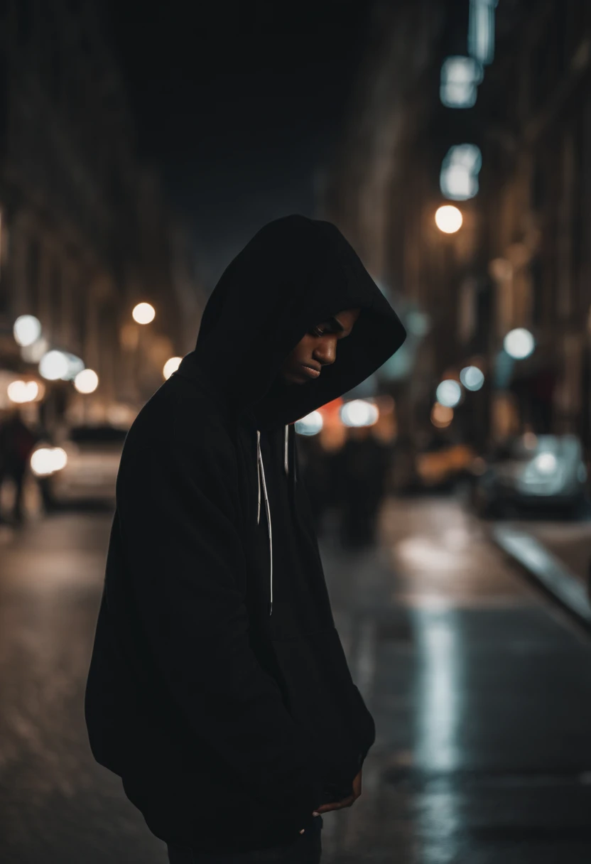 Personagem negro de 15 anos, com cabelo preto curto. Wears black hoodie and jeans. Usa celular preto com tela grande e adesivo de hacker. It's standing on a dark street, olhando para o celular, ((estilo anime)), (anime style), ((anime))