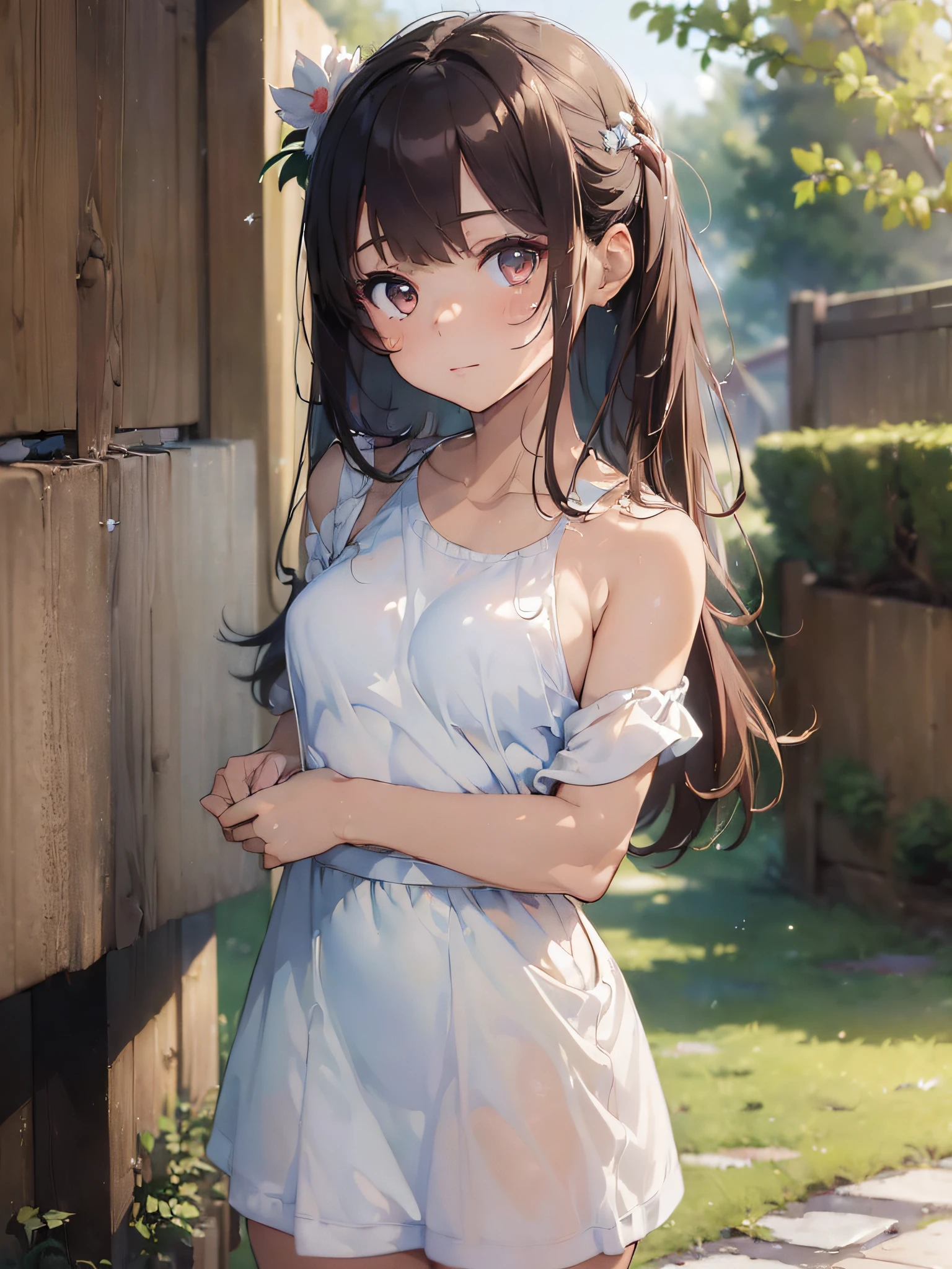 (​masterpiece:2.0), (top-quality:2.0), (white Tube top extremely short length dress made by towel:1.5), (perfect exposed shoulders:1.5), (perfect exposed nape:1.5), (super sexypose:1.5), (blushed face:1.3), (barechested:1.3), (realistic:1.5), 1  girl, precise small hands, Embarrassed look, light smile, extremely cute girl, innocent face, young face, Clear eyes, Shining eyes, shoulder is visible, small breast, thigh is visible, No pubic hair, The beautiful skin, ultra-definition, Top resolution, japan high school student, brown hair