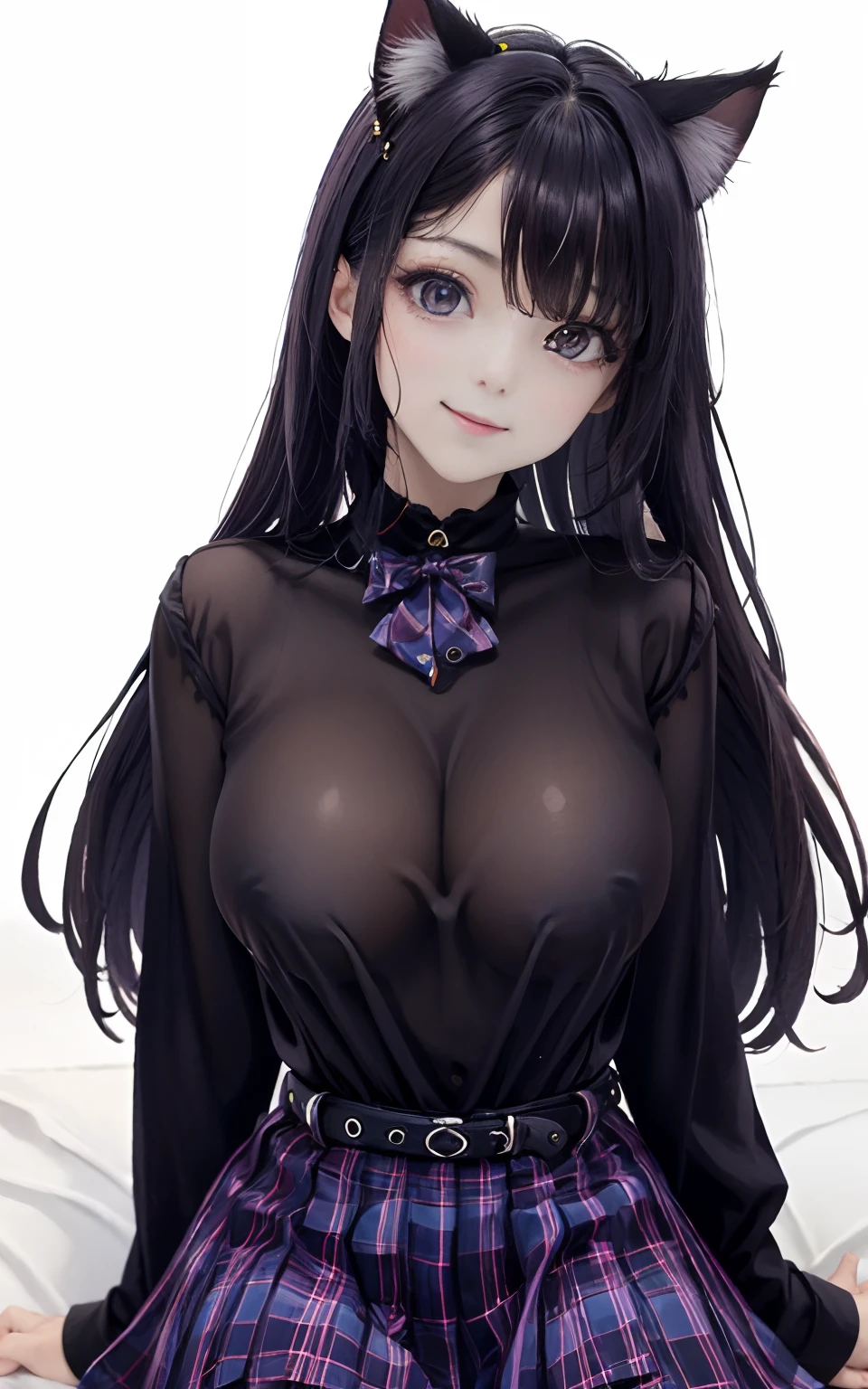 (tmasterpiece,best qualtiy), 1 beutiful girl, Cat ears, ssmile, Slim body, (校服:1.1), (Detailed beautiful eyes), Bedrooms, inside in room,huge tit,cleavage