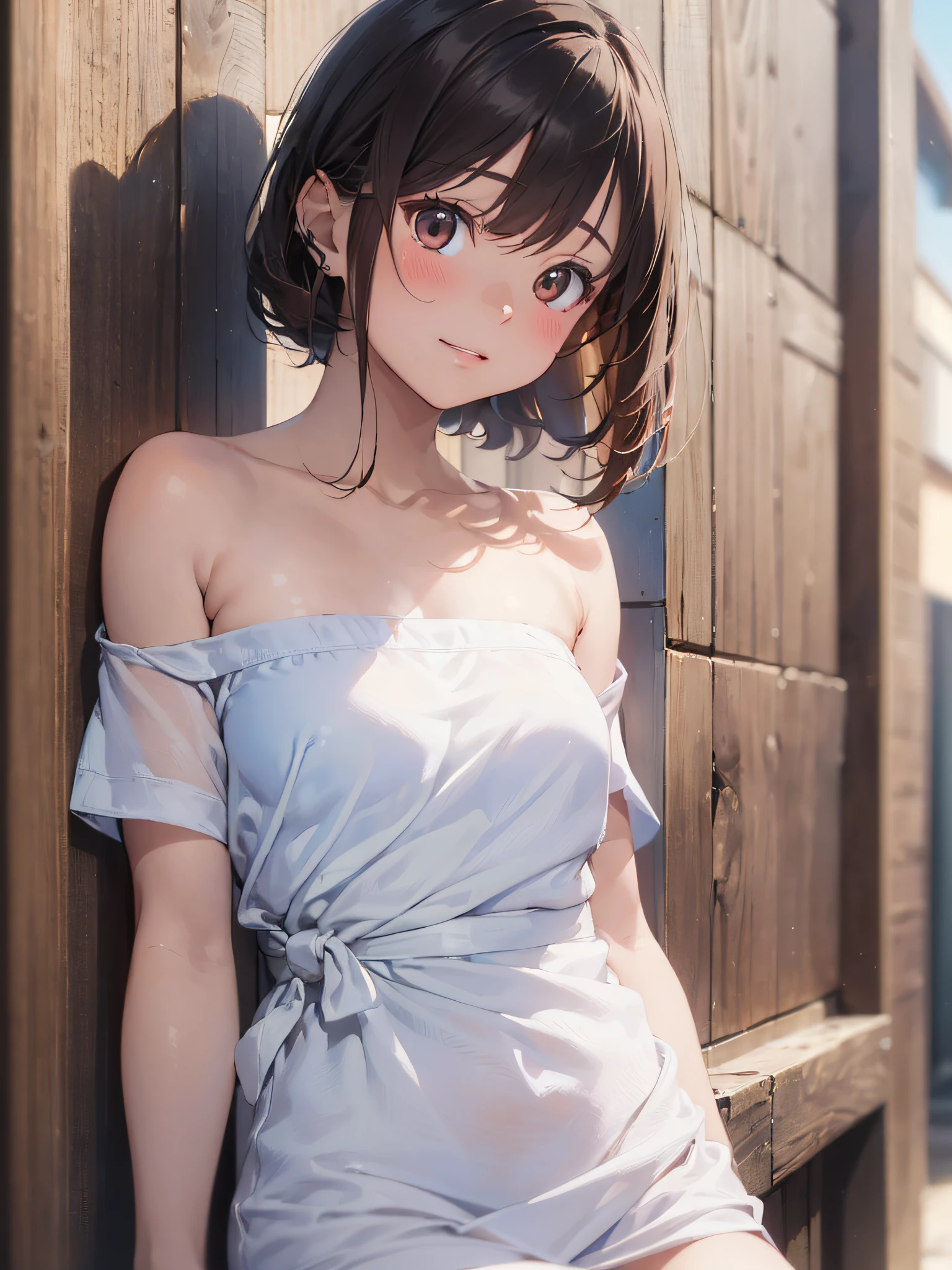 (masterpiece:2.0), (top-quality:2.0), (white Tube top extremely short length dress made by towel:1.5), (perfect exposed shoulders:1.5), (perfect exposed nape:1.5), (super sexypose:1.5), (blushed face:1.3), (barechested:1.3), (realistic:1.5), 1 girl, precise small hands, Embarrassed look, light smile, extremely cute girl, innocent face, young face, Clear eyes, Shining eyes, shoulder is visible, small breast, thigh is visible, No pubic hair, The beautiful skin, ultra-definition, Top resolution, japan high school student, brown hair