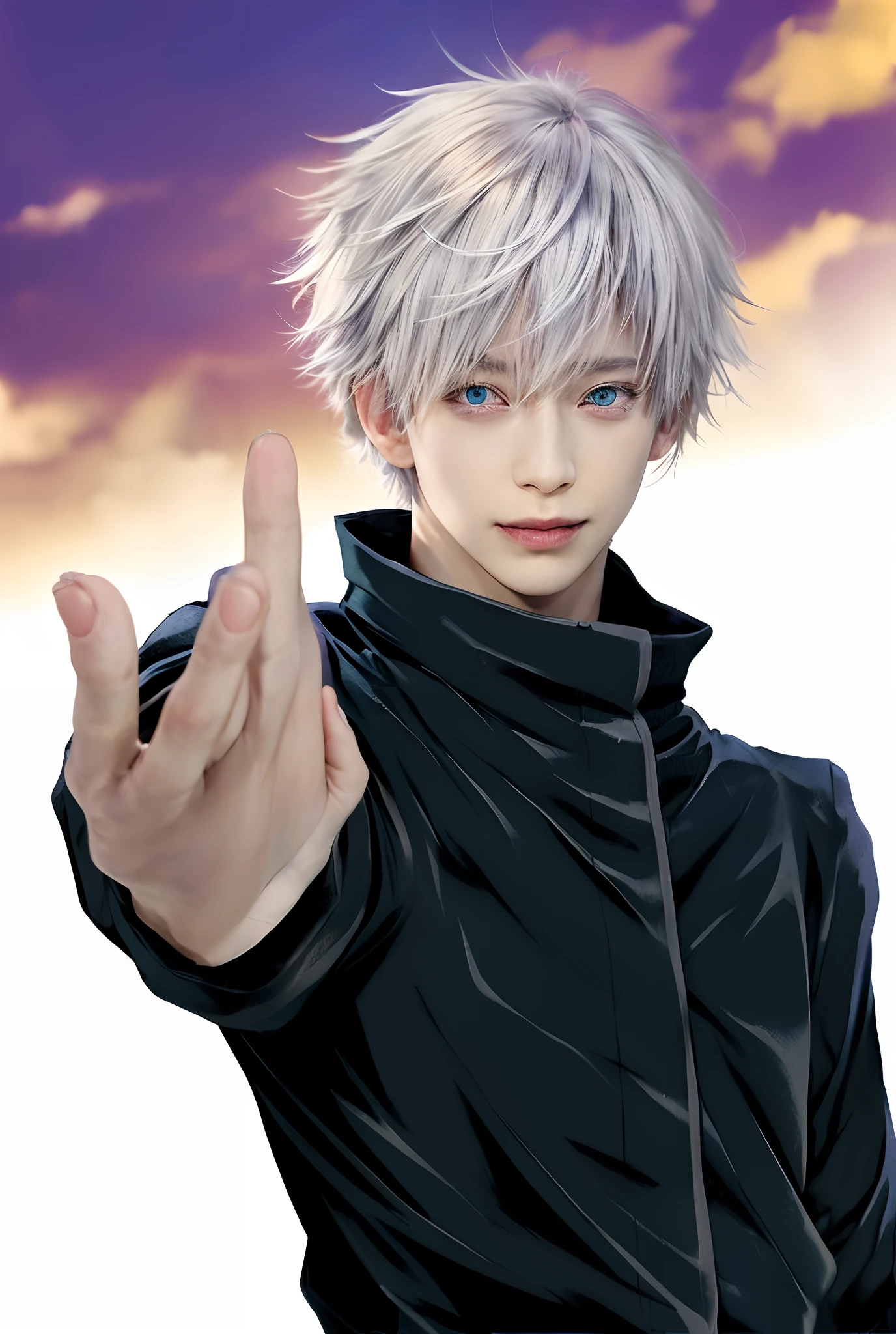 1man, gojo satoru in anime jujutsu kaisen, short hair , white hair, blue ligth eyes, handsome, smile, purple clothes, realistic clothes, detail clothes, city background, ultra detail, realistic