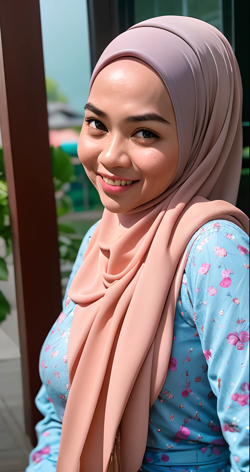 Craft an outstanding happy portrait that celebrates the beauty and individuality of a Malay girl laughing in a blue hijab. Wearing blue tracksuit and gold necklace, Showcase her personality and story through creative composition and lighting. Use natural light or unique artificial lighting to add depth and character to the portrait. Pay attention to the details of her hijab, clothing, and accessories, highlighting their textures and colors. Encourage the subject to express her emotions and character through her gaze and pose, creating a compelling and empowering portrait that captures her strength and uniqueness.