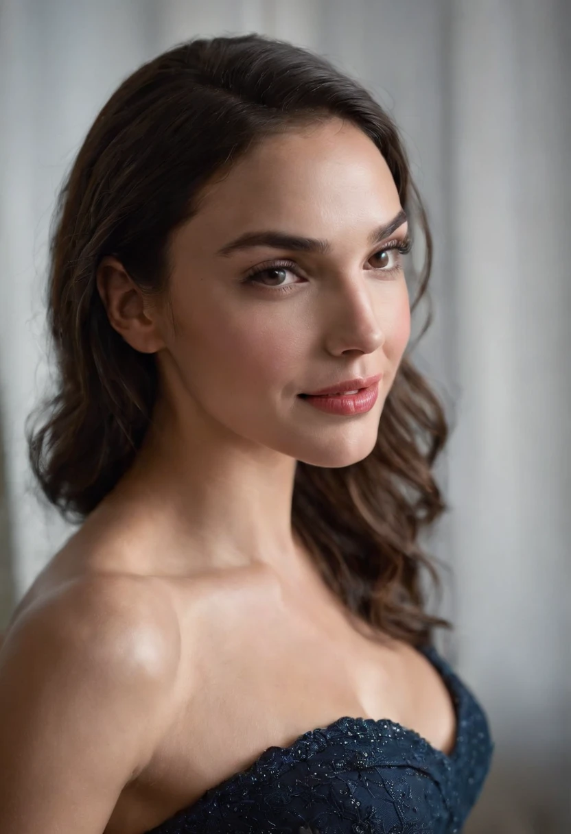 Gal gadot desnuda, cama, sola, cuerpo completo, pechos medianos, mostrando trasero nalgas perfectas, mujer esbelta, realista, recostada sobre la cama, leve sonrisa, de espalda