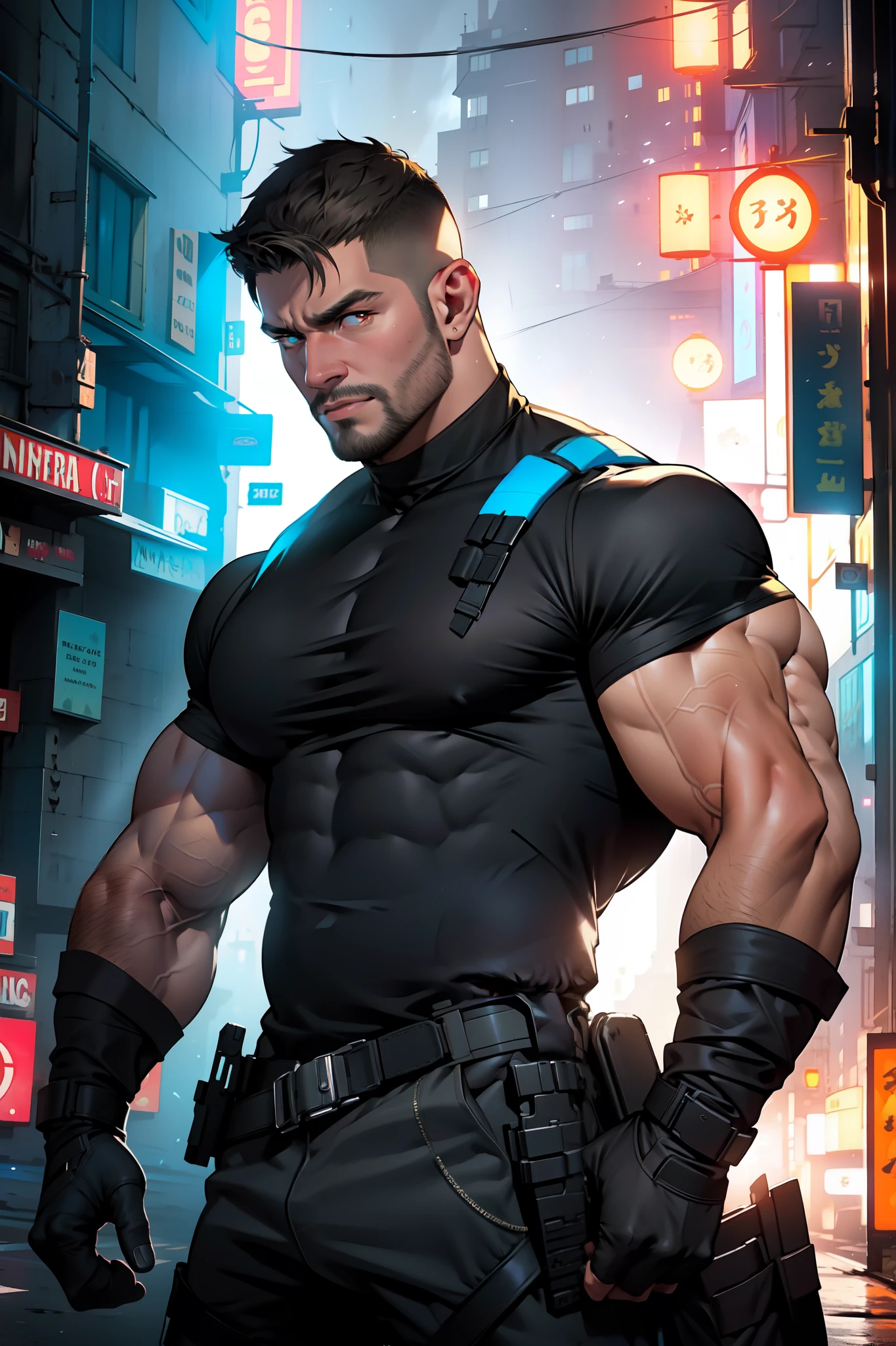 muscular man, thin beard, young, young adult, short hair, Military Haircut, huge, large shoulders, hunk, bara, black shirt, simple shirt, big arms, ((light bokeh)), intricate, elegant, sharp focus, photo by greg rutkowski, soft lighting, vibrant colors, (masterpiece), ((streets)), (detailed face), looking at viewer, orange eyes, glowing eyes, cowboy shot, action pose, half body portrait, thunder storm, ,glitter,neolight ,Contrast Pop Art