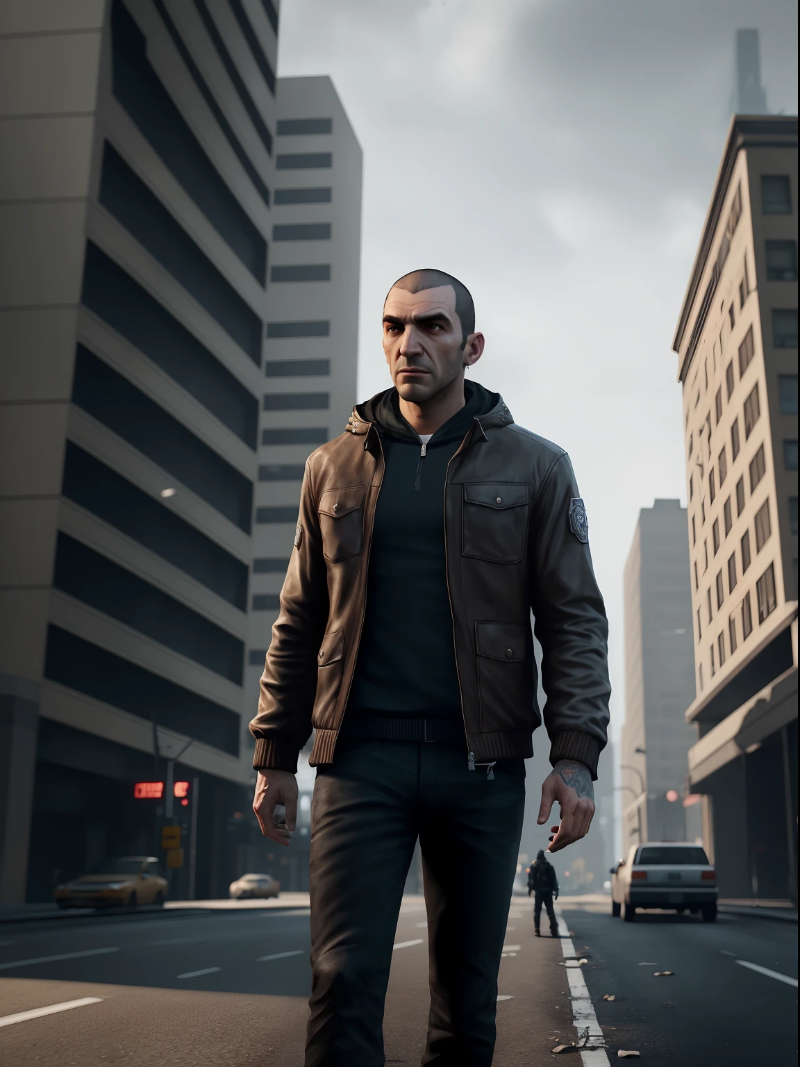 a man in a brown jacket is standing in front of a building , niko bellic character as the protagonist of gta 4, gta 4 game, game cinematic, gta iv art style, gta 4 loading screen artwork. Unreal Engine 5, ray tracing, cinematic shot, realistic rendering, 75mm, close up shot