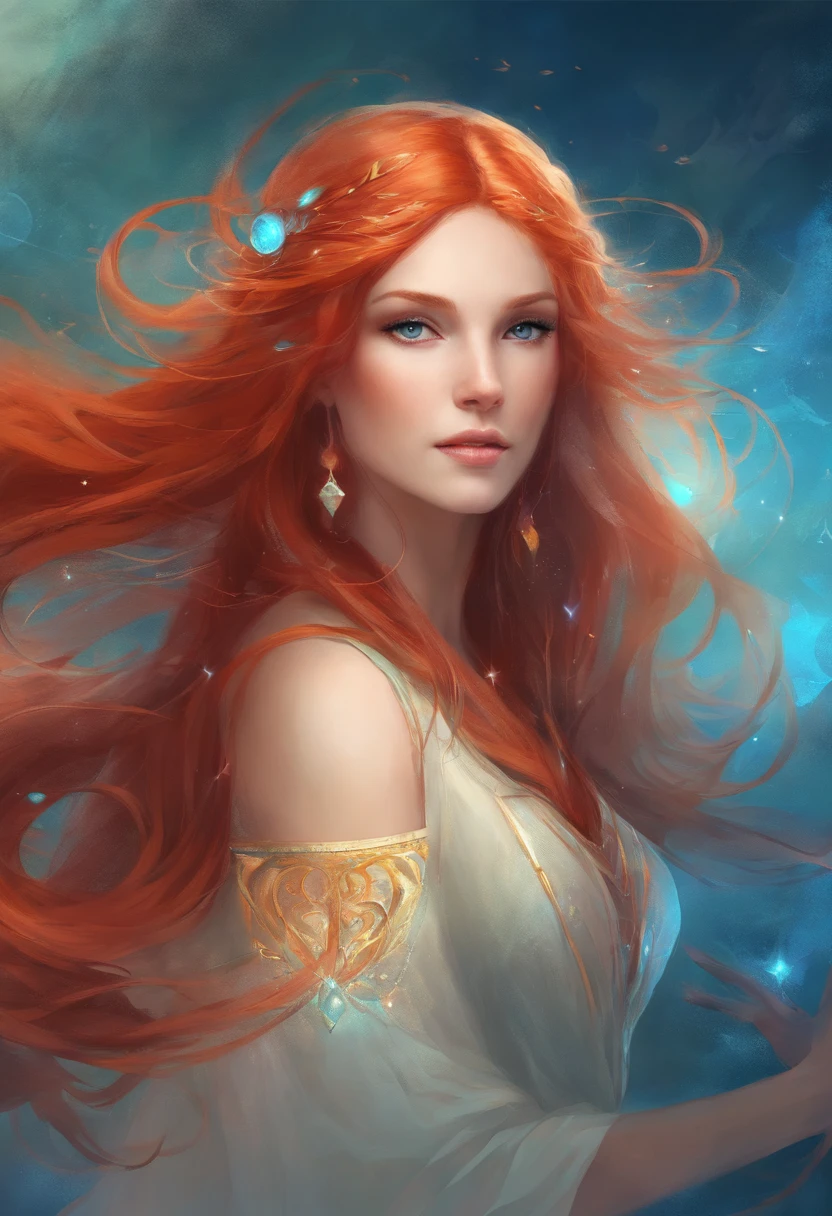 woman with STREIGHT long red hair, very fair skin and sea bright blue eyes
