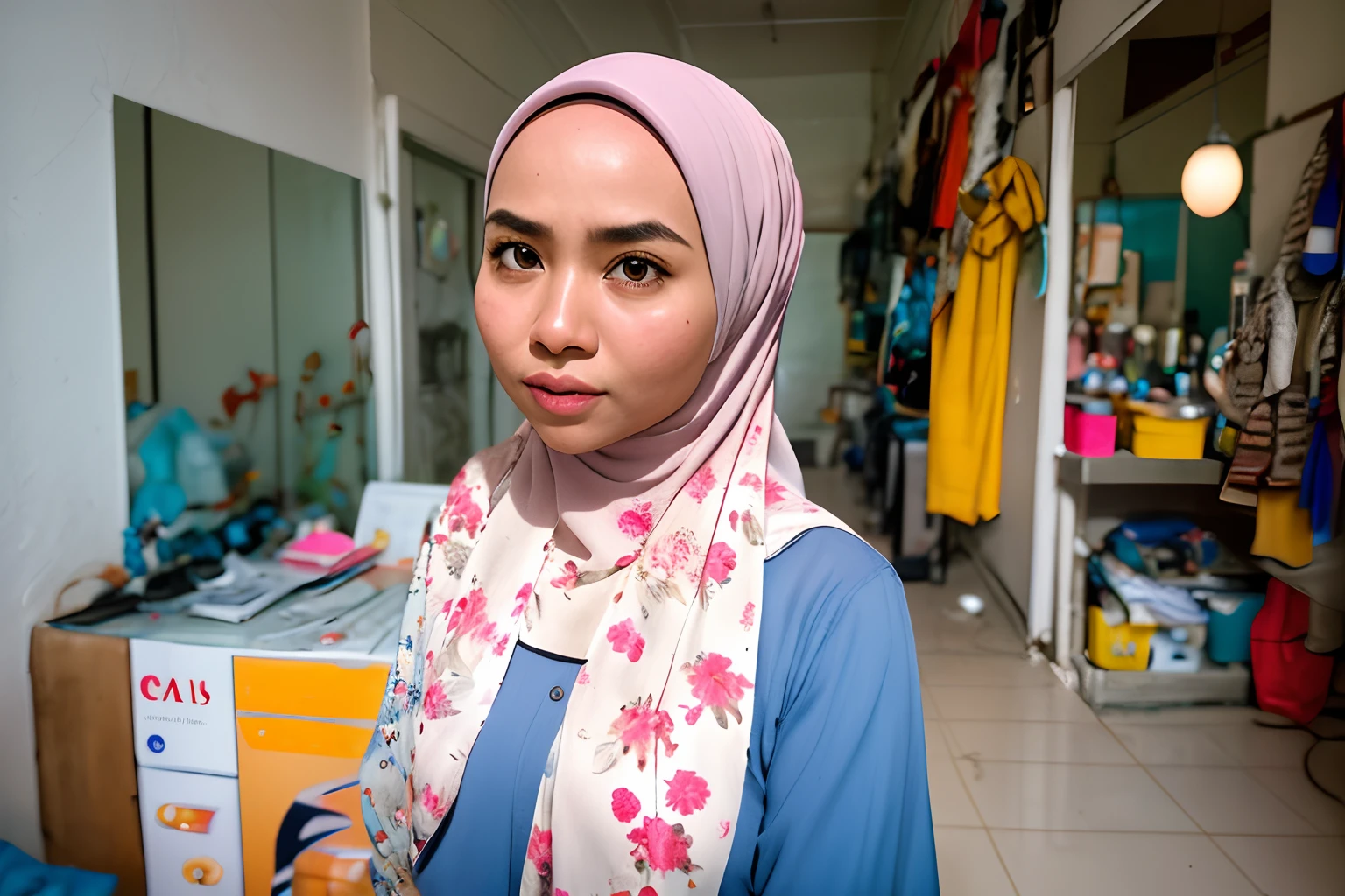 Craft an outstanding portrait that celebrates the beauty and individuality of a Malay girl in a blue hijab and wear white floral baju kurung. Showcase her personality and story through creative composition and lighting. Use natural light or unique artificial lighting to add depth and character to the portrait. Pay attention to the details of her hijab, clothing, and accessories, highlighting their textures and colors. Encourage the subject to express her emotions and character through her gaze and pose, creating a compelling and empowering portrait that captures her strength and uniqueness.
