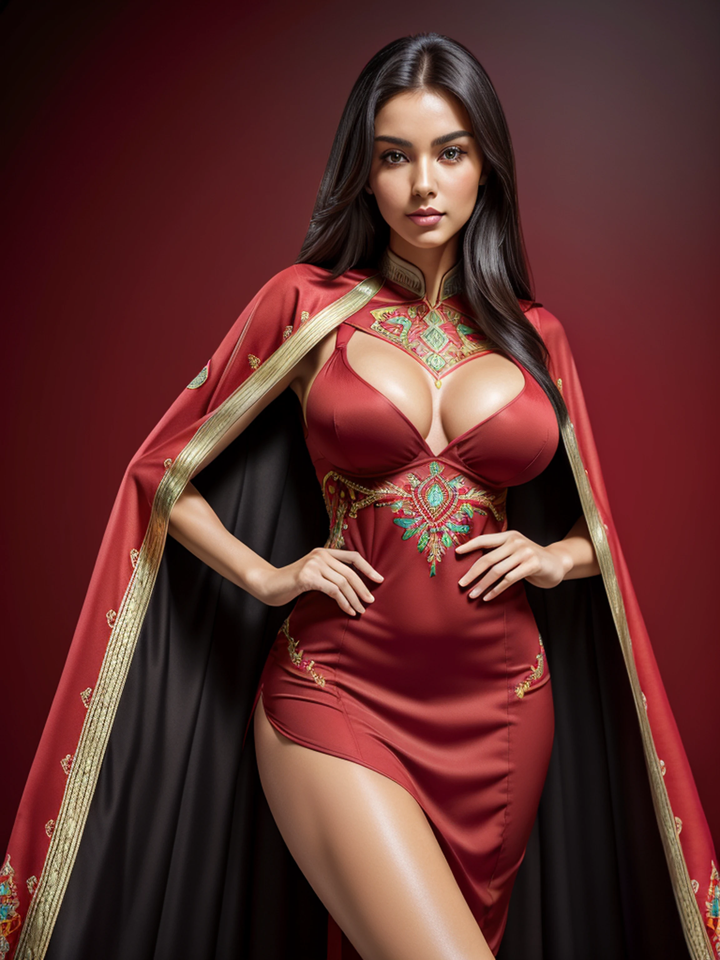 (best quality,4k,8k,highres,masterpiece:1.2),ultra-detailed,(realistic,photorealistic,photo-realistic:1.37),1girl,(18years old),(Excella_re5),(irene1),beautiful detailed brown eyes,beautiful detailed lips,extremely detailed eyes and face,long eyelashes,(192cm tall),gorgeous female figure,toned and sculpted physique,fit and slender body,well-defined muscles and curves,flawless skin,(tall and graceful posture),radiating confidence and elegance,perfect proportions,enviable hourglass shape,impeccable body symmetry,healthy and vibrant appearance,beautiful long legs,raven-black hair,cleavage breasts,((wearing a (red) sexy ethnic style embroidered Cape Dress)),(sharp focus),(portraits),(ultra-detailed, highres, colorful),vibrant color,simple background,professional photography.