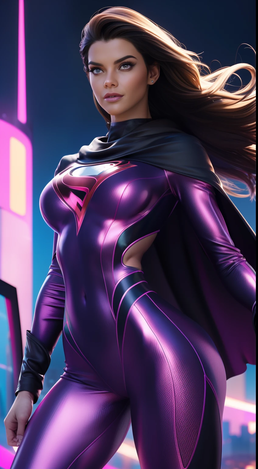(best quality,4k,8k,highres,masterpiece:1.2),ultra-detailed,(realistic,photorealistic,photo-realistic:1.37),HDR,UHD,studio lighting,ultra-fine painting,sharp focus,physically-based rendering,extreme detail description,professional,vivid colors,bokeh,fitness,feminine figure,toned body,Confident expression,strong muscles,sexy outfit,superhero cape,powerful stance,shapely curves,vibrant colors,glowing skin,shiny metallic textures,futuristic cityscape background,dynamic lighting,reflection of buildings on supple skin,smoky atmosphere,intense energy,floating in mid-air,wind blowing through her hair,powerful aura,fitness goddess,admiring crowd in awe,holographic projections showcasing her superpowers,visual effects enhancing her strength,impressive physical prowess,sweat glistening on her body,embodying strength and beauty,inspiring and empowering,awe-inspiring，eye-catching masterpiece.