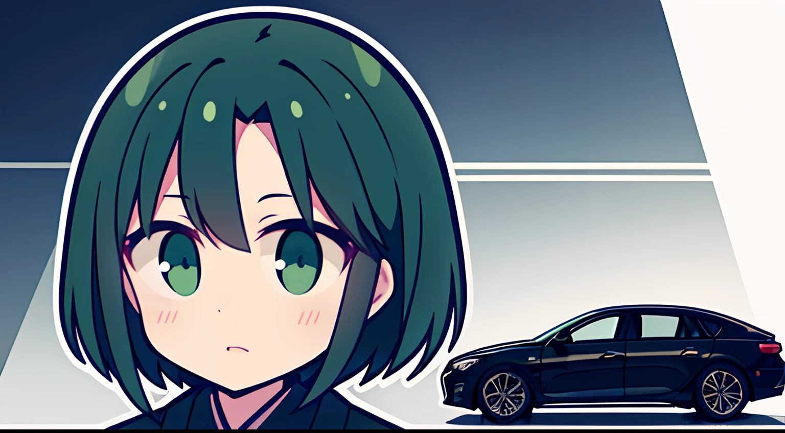 logo for a car brand: girl wearing a suit, short greenish-black hair in a Japanese car