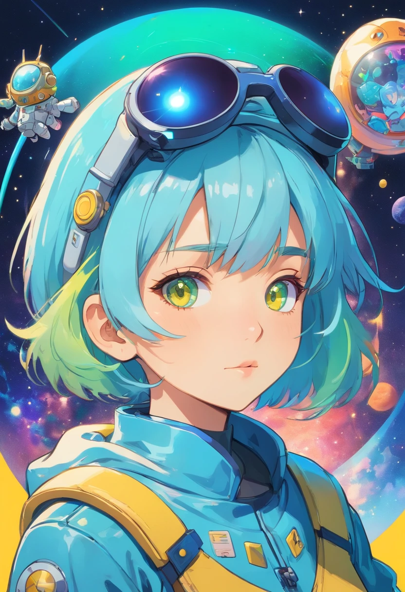 (Full body standing), Full body, Beautiful Face Woman, Iridescent haired witch in glowing spacesuit.Wearing a stylish suit、In space with a computer in hand.90's pixel characters, Gears and clocks in the brain, Futuristic background with many top anime characters running, Cute monster in the shape of a big little robot, Full Body 3D Animation Beautiful Girl Ortrait, {white,Green,yellow} Sunglasses for short hair, Baseball Cap, {Blue,yellow} Background, Pure color, close up of face, Side view, Geometric Graphics, minimalism, Flat illustration,facial close-up