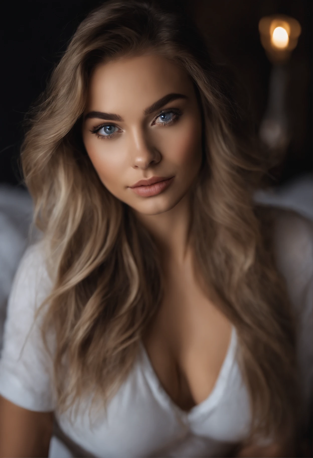 arafed woman fully , sexy girl with blue eyes, ultra realistic, meticulously detailed, portrait sophie mudd, blonde hair and large eyes, selfie of a young woman, bedroom eyes, violet myers, without makeup, natural makeup, looking directly at the camera, face with artgram, subtle makeup, stunning full body shot kneeling on bed, in bedroom, medium to large size bust; ; ;naked, nipples showing, medium to large breasts exposed, shaved bottom,