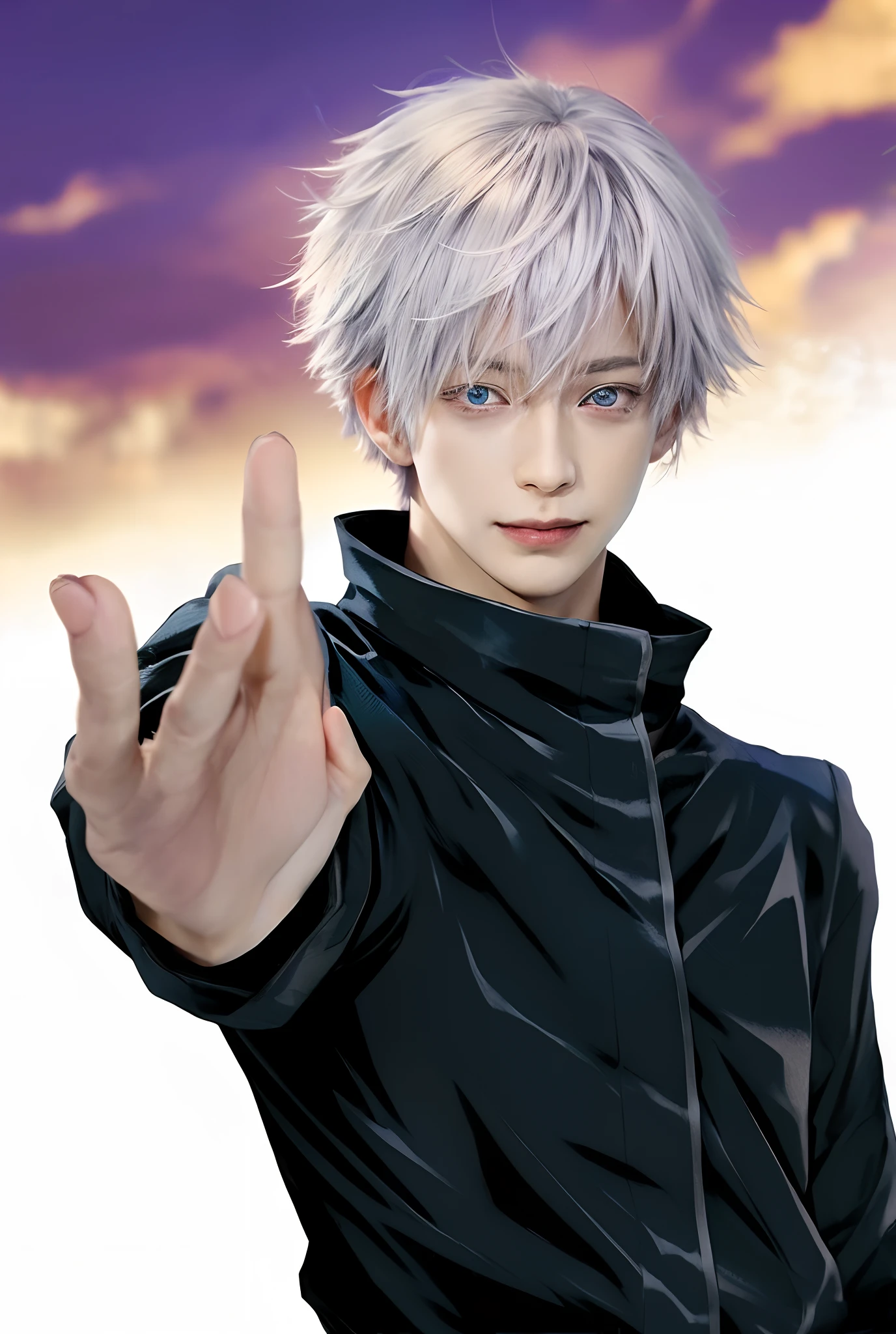 1man, gojo satoru in anime jujutsu kaisen, short hair , white hair, blue ligth eyes, handsome, smile, purple clothes, realistic clothes, detail clothes, city background, ultra detail, realistic