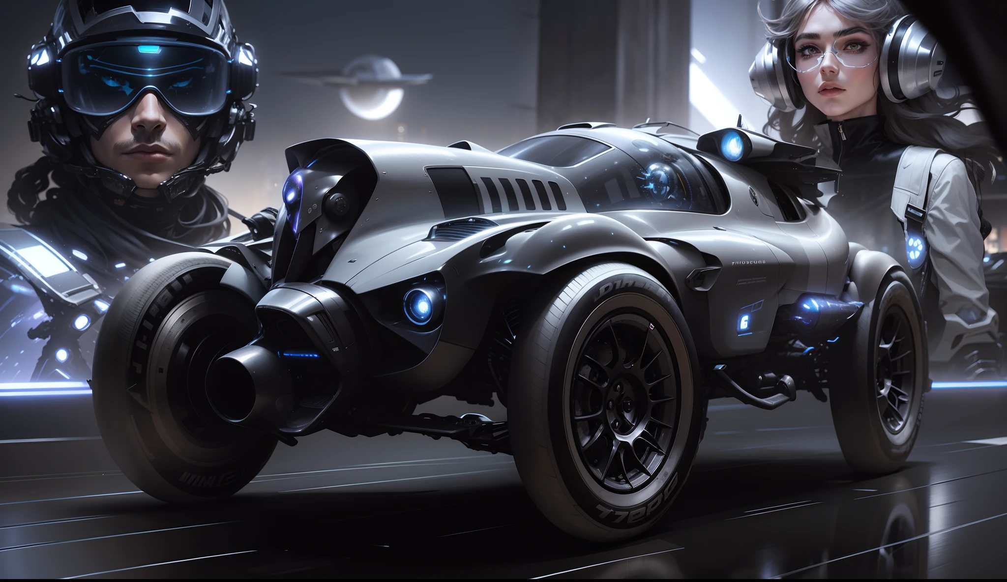 A futuristic metallic gray race car in the foreground, behind a beautiful male driver in future racing clothes and next to him a beautiful female driver also in futuristic clothes, Ao fundo, A futuristic city with the dark sky of stars with the moon shining reflecting on the futuristic buildings