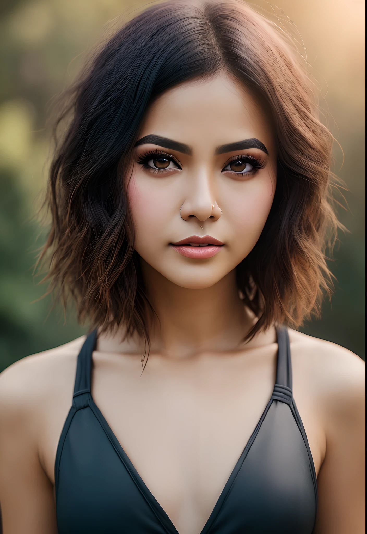 Short hair, black hair, smooth hair, south east asia, age 28, woman, arab look, light dark skin, big eyes, studio lighting, black bikini, 8k, ultra high resolution, realistic face, realistic body, realistic skin, smooth skin, profesional photography, small breast, thin face, pointed nose, outdoor, 85mm lens, forehead is not wide, masterpiece 1.2, fine hair on forehead, 8k, (Masterpiece:1.3), (8K, Photorealistic, RAW Photography, Best Quality: 1.4), (1 Girl)