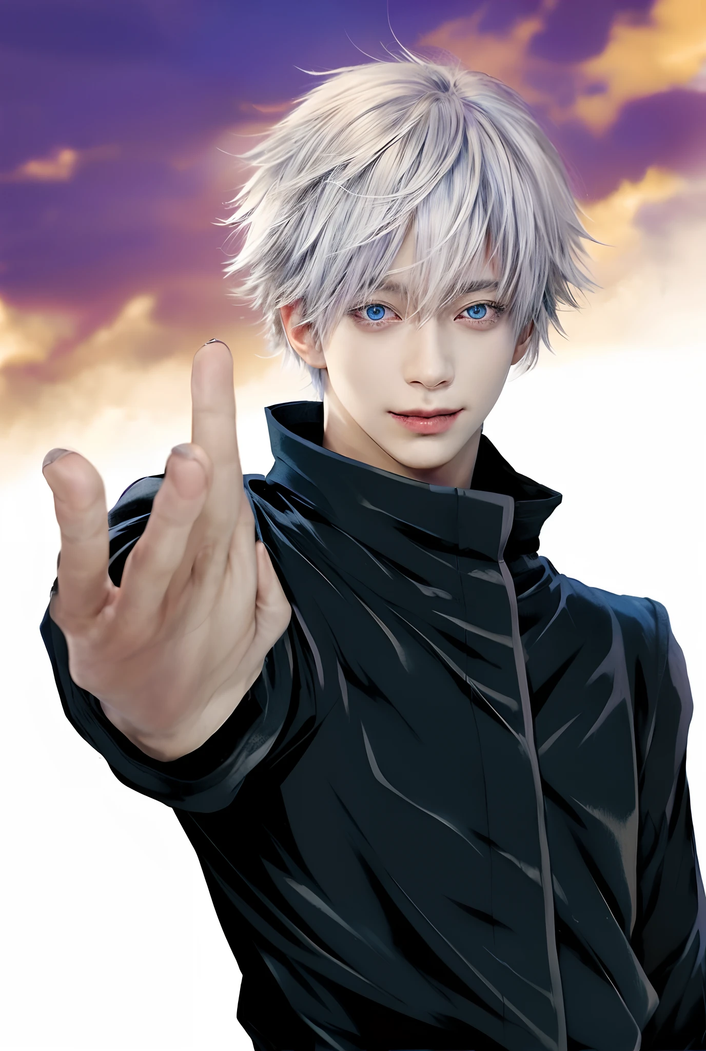 1man, gojo satoru in anime jujutsu kaisen, short hair , white hair, blue ligth eyes, handsome, smile, purple clothes, realistic clothes, detail clothes, city background, ultra detail, realistic