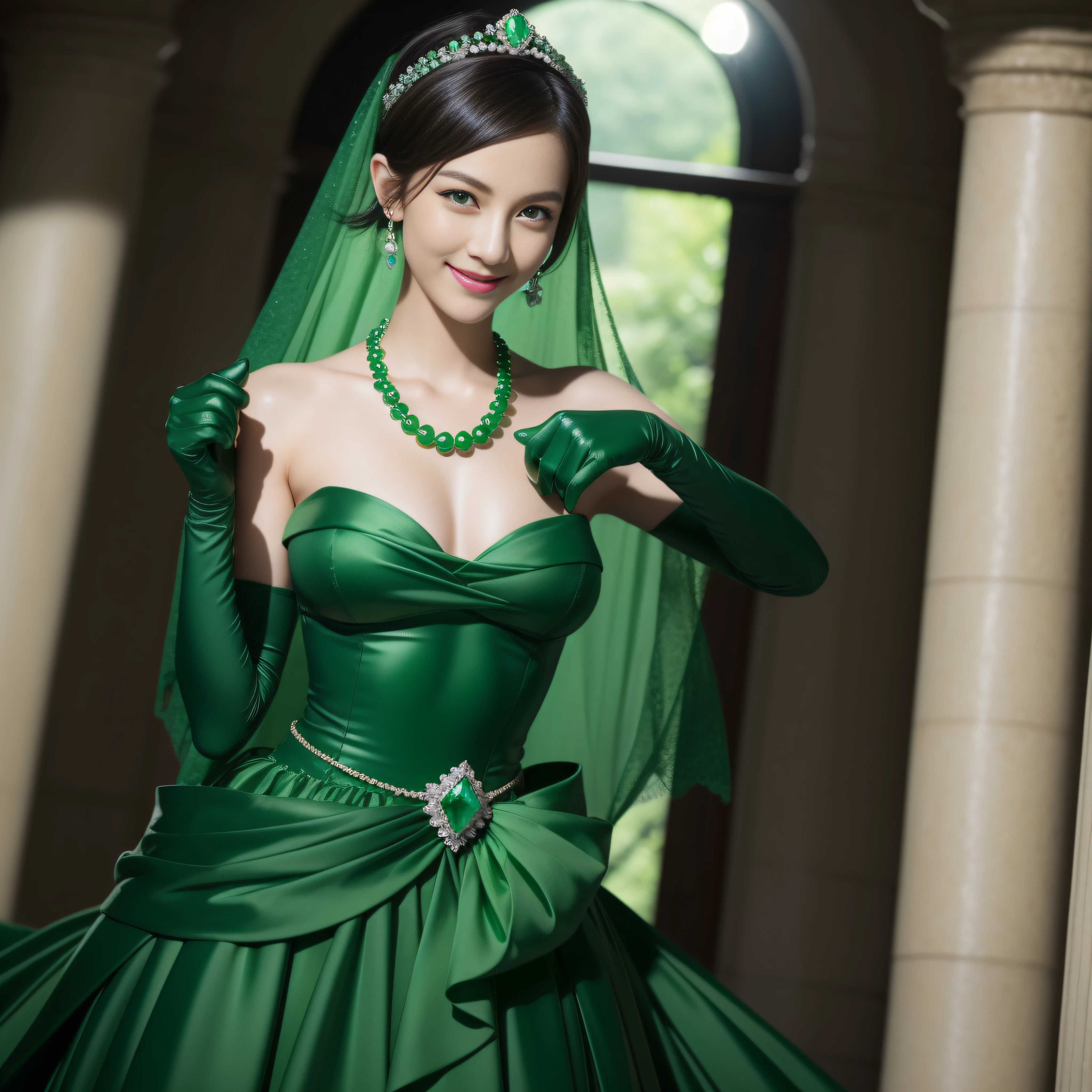 emerald tiara, Green Pearl Necklace, Boyish very short black hair, lipsticks, Japan woman smiling, very short short hair, big breasts beautiful, Green eyes, Long green gloves made of satin material, Green eyes, Emerald Earrings