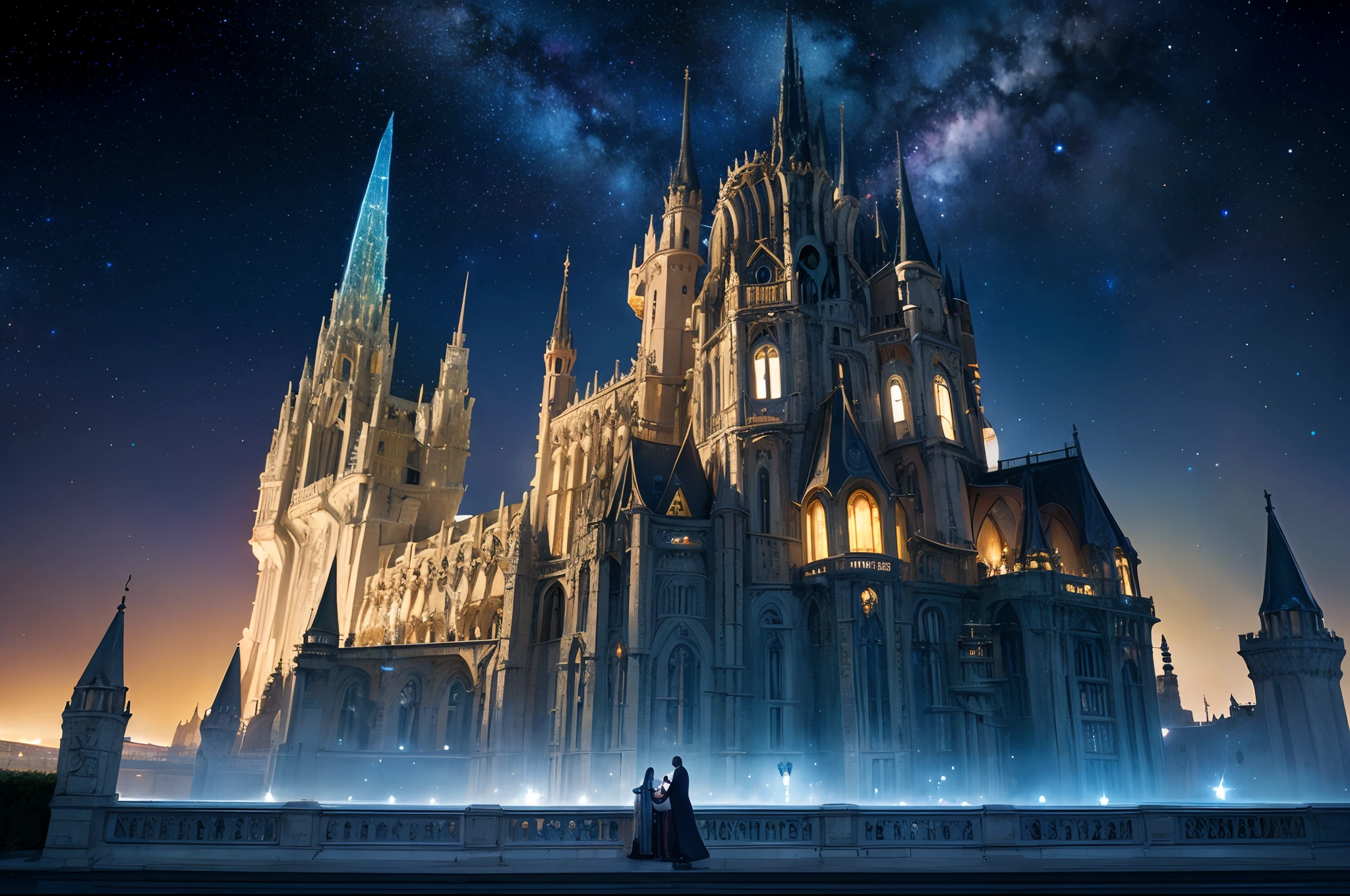 A giant ((space ship with a glass domo1.5)), carrying a beautiful elvish castle inside, art nouveau, Gaudí inspired with curved lines, some windows slightly illuminated, surrealistic, illuminated by stars, deep black starry sky with nebula as background, dreamy.