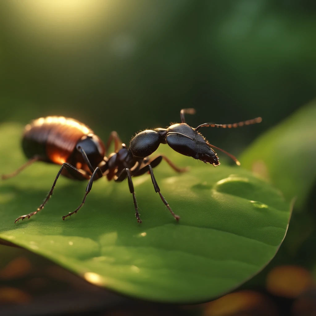 an ant standing on a piece of a golden leaf floating in the air