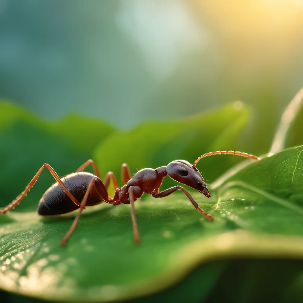 An ant lies on a leaf，There is dew on the edges of the leaves，magic hour，photorealistic cinematic render, Cinematic 3D rendering, realistic cgi render, Depicted as a 3D rendering