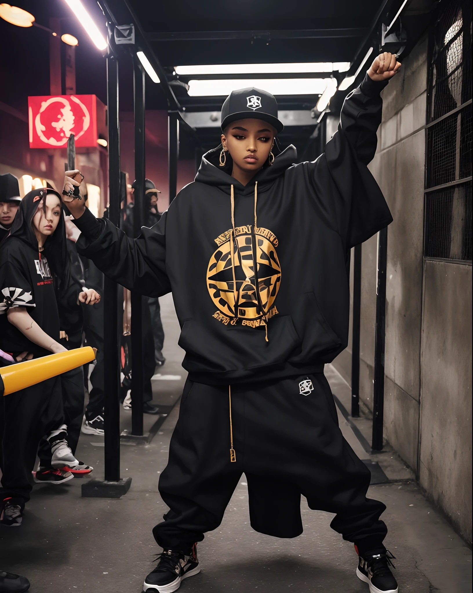 badass hip hop evil female rapper dark mage occultist wearing fullbody fearfeal intimadating baggy saggy supreme, bape, stylish stussy tracksuit clothes dark magic flexing impossible dance moves on hip hop rituals bright lights