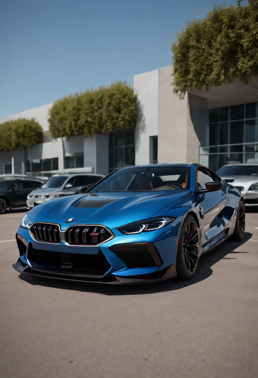 a close up of a blue bagged 2024 BMW m8 racecar parked in a parking lot, infront of a modern building, architectural art, hyper real render, 8 k cg render, angry 8 k, 8k render”, 8 k render, 8k render, wide body, hyper realistic style, in game style 8k, 8k octane 3d render, 8k in the style, 8k octane rendered, realistic cars
