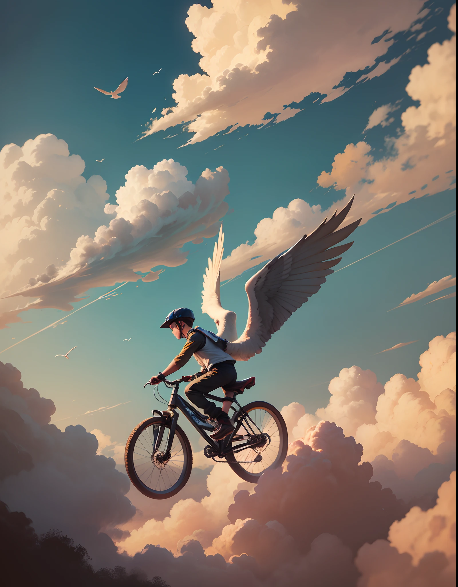 A boy riding a big bird flying in the sky --auto --s2