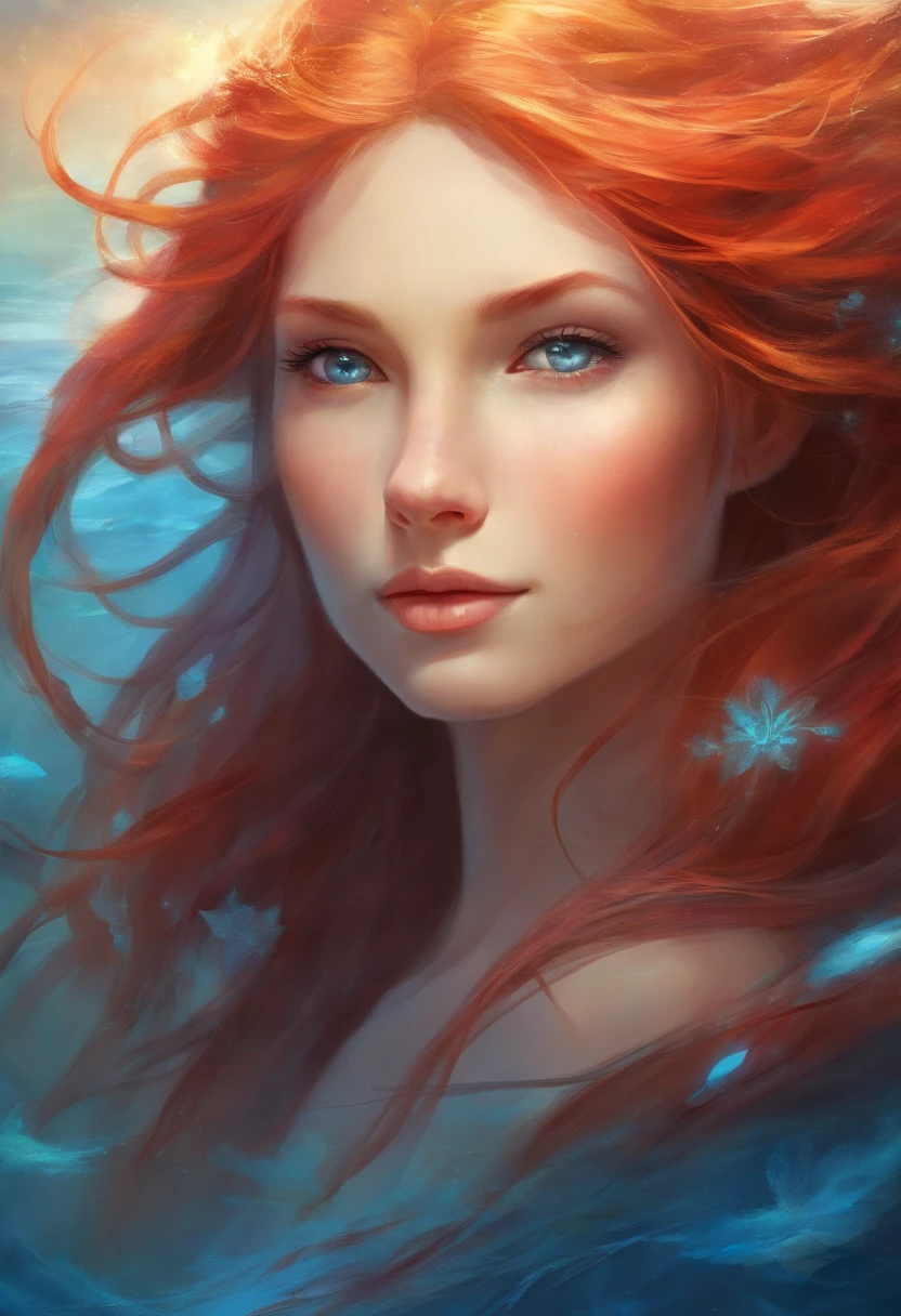 woman with STREIGHT long red hair, very fair skin and sea bright blue eyes