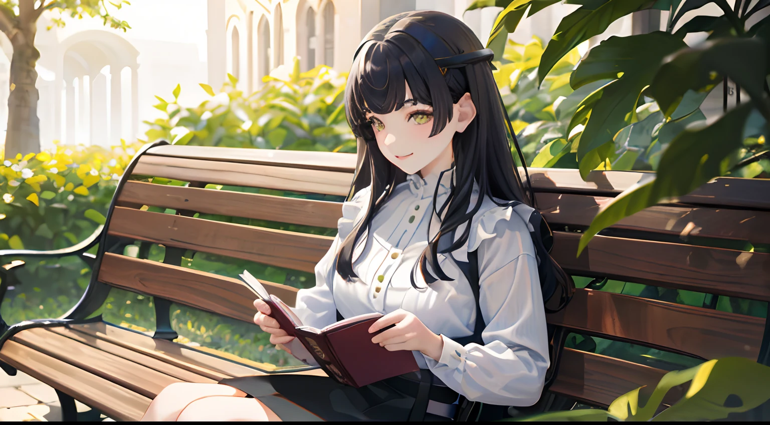 masterpiece, best quality, 1girl, black hair, ,yellow eyes, plain white shirt, sitting on a bench, smiling, reading a book, detailed background, detailed eyes, detailed facial features, realistic and high resolution (best quality, 4k, 8k, highres, masterpiece:1.2).