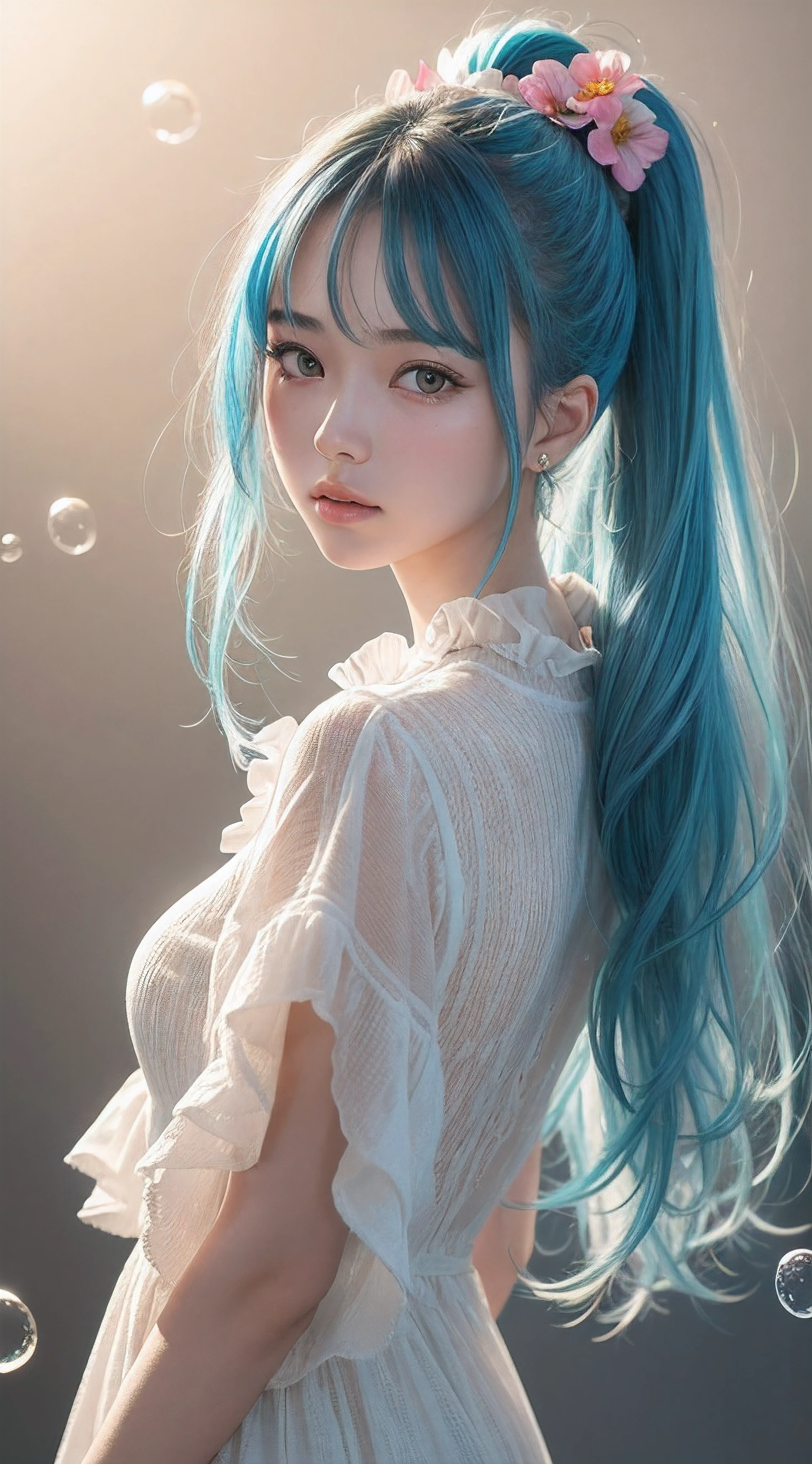(masterpiece), (best quality), (ultra detailed),(disheveled hair),(illustration), (1girl), (Fashionable clothing), standing, Fashion model, looking at viewer, (interview), (simple background),beautiful detailed eyes, delicate beautiful face, Floating,(high saturation),(colorful splashes),colorful bubble,(shining), focus on face,  ponytail, kamisato ayaka, light blue hair, bangs, hair ring, floating flowers, floating hairs, (shining), best lighting, best shadow,