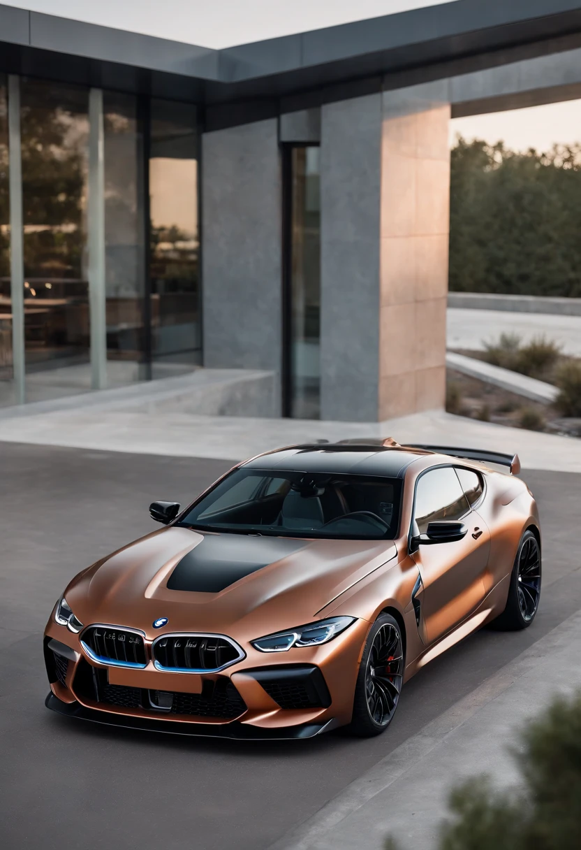 a close up of a copper and black bagged 2024 BMW m8  racecar parked in a parking lot, infront of a modern building, architectural art, hyper real render, 8 k cg render, angry 8 k, 8k render”, 8 k render, 8k render, wide body, hyper realistic style, in game style 8k, 8k octane 3d render, 8k in the style, 8k octane rendered, realistic cars