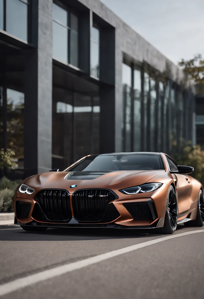 a close up of a copper and black bagged 2024 BMW m8 racecar parked in a parking lot, infront of a modern building, architectural art, hyper real render, 8 k cg render, angry 8 k, 8k render”, 8 k render, 8k render, wide body, hyper realistic style, in game style 8k, 8k octane 3d render, 8k in the style, 8k octane rendered, realistic cars