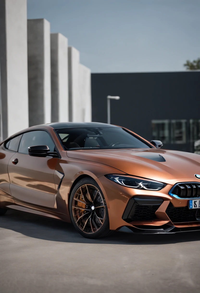 a close up of a copper and black bagged 2024 BMW m8 racecar parked in a parking lot, infront of a modern building, architectural art, hyper real render, 8 k cg render, angry 8 k, 8k render”, 8 k render, 8k render, wide body, hyper realistic style, in game style 8k, 8k octane 3d render, 8k in the style, 8k octane rendered, realistic cars