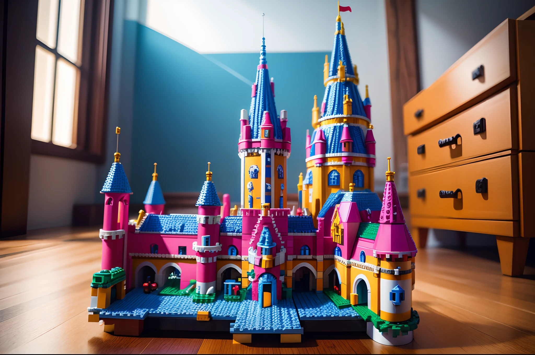 Lego castle, colourful and detailed, constructed on top of an skateboard , highly detailed, Photography, shift tilt effect.