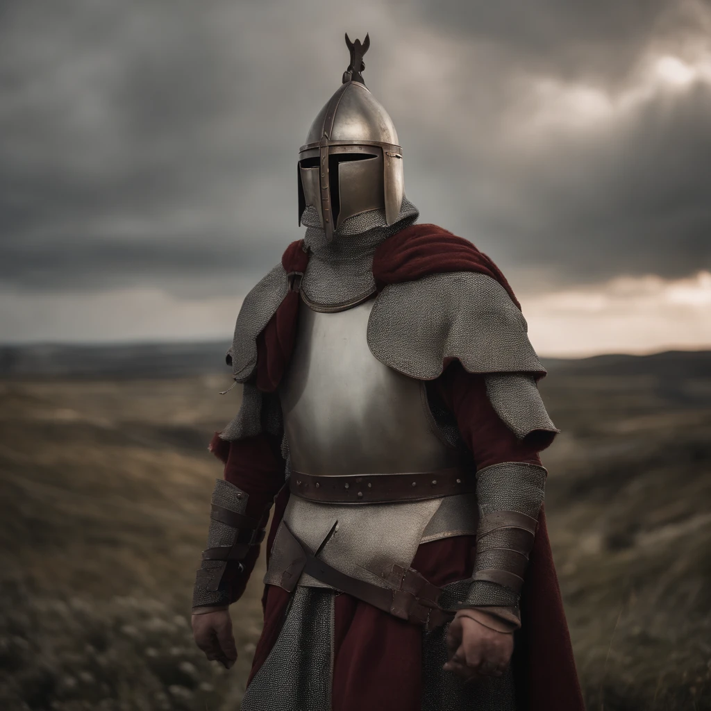 Medieval warrior 8K realistic with a shiny silver armor in the middle of the armor the symbol of the cross, he is with a helmet covering his mouth but his eyes appear, their eyes are honey brown he is around the 25 years. Around him the sky is red