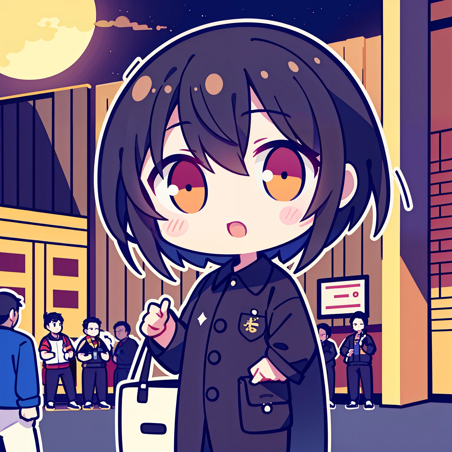 Meng Meng has several male warehouse employees dressed in black,Multiple female plainclothes employees of random colors,Outside the warehouse,Moon