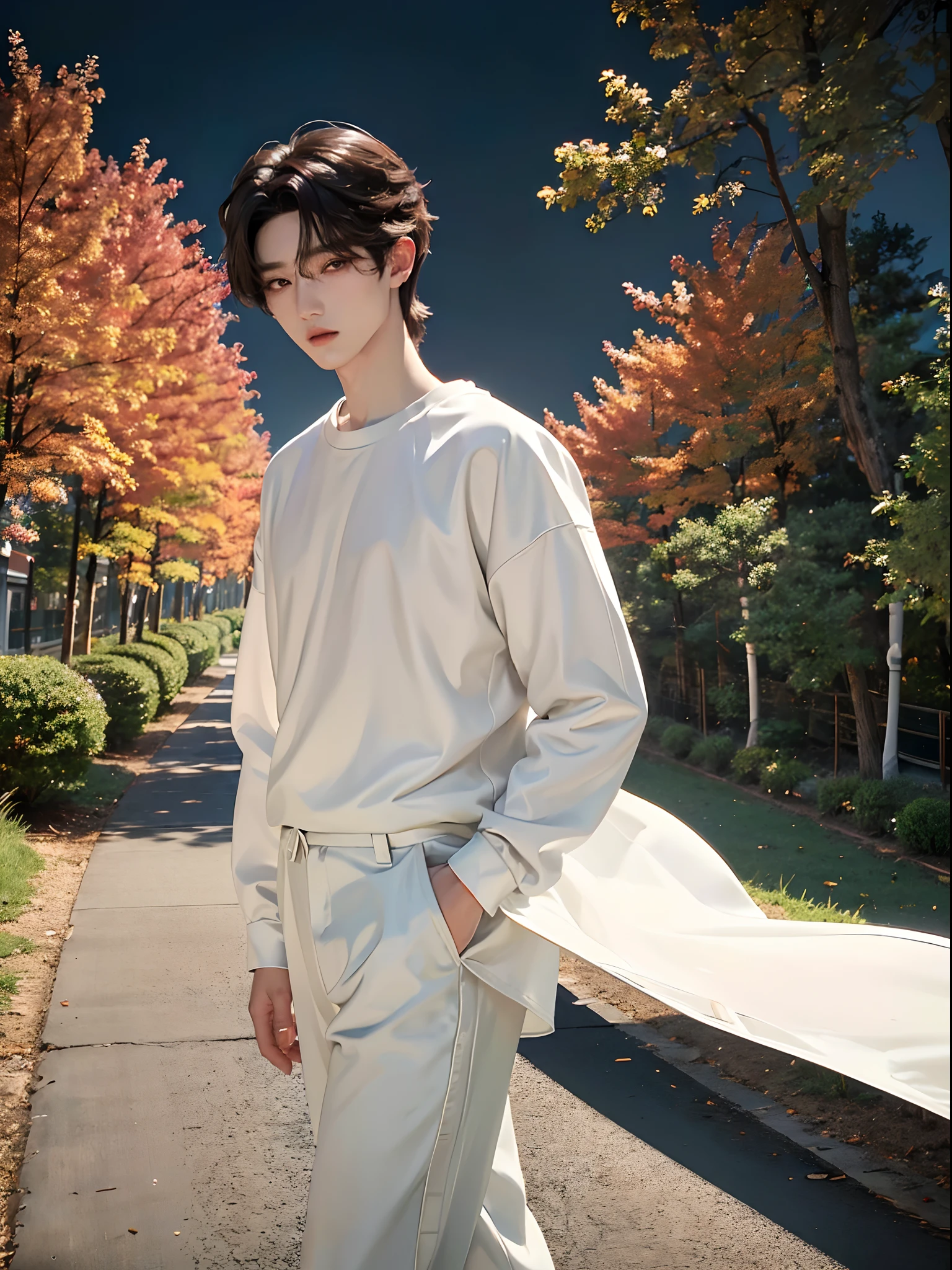 masterpiece、(top-quality)、((high-level image quality))、One Manly Boy、Slim body、((White Y-shirt and long black pants))、(Detailed beautiful eyes)、Walking together on the road at night、『Le Selfim』A face similar to Chaewon in、((short hair above the ears))、((Smaller face))、((Neutral face))、((Light brown eyes))、((Korean boy))、((18year old))、((Handsome man))、((Wild look))、((Korean Makeup))、((elongated and sharp eyes))、((Walk in front of the viewer))、((Shooting from the side at close range))