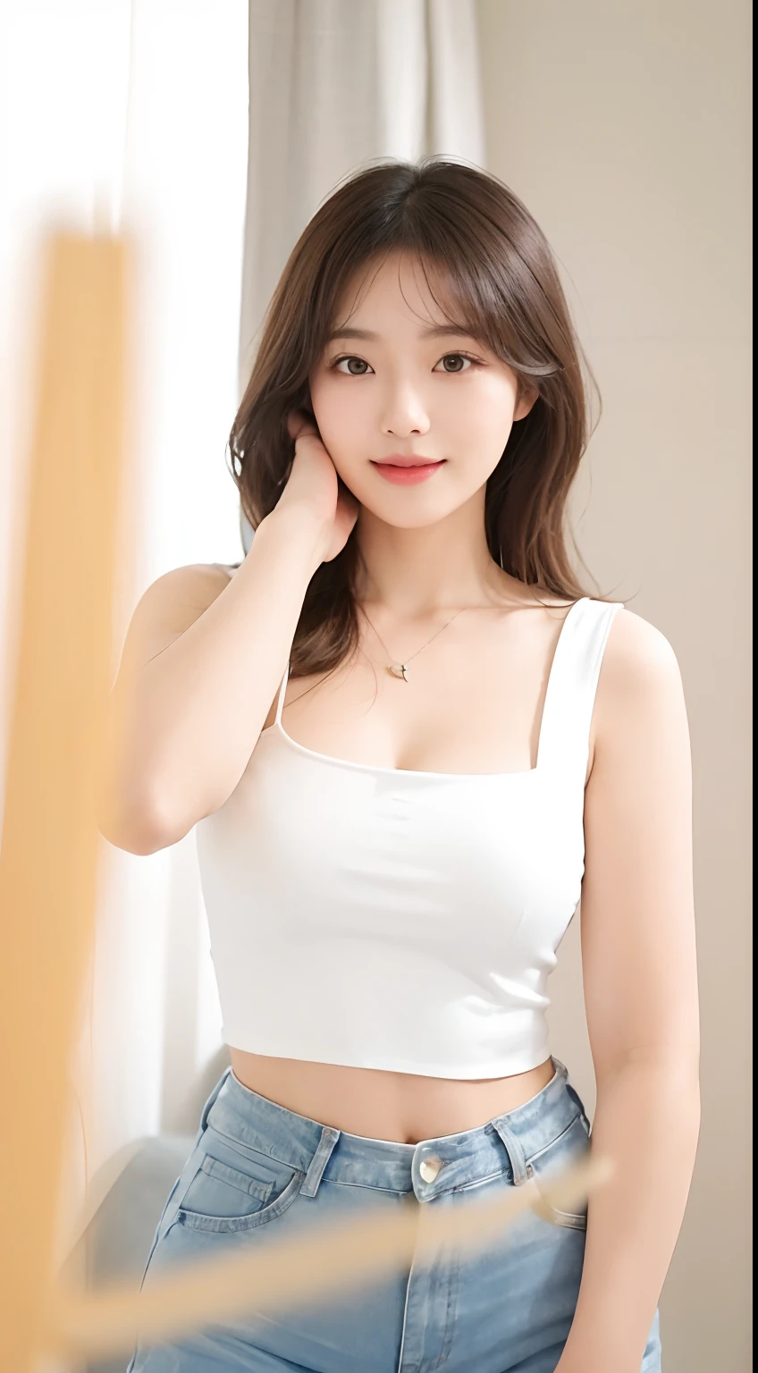 a close up of a woman in a white top and jeans, chiho, gorgeous young korean woman, chiho ashima, wearing white camisole, heonhwa choe, 奈良美智, jaeyeon nam, shikamimi, shiori teshirogi, beautiful young korean woman, Best picture quality, masterpiece, ultra high resolution, 8k, cleavage, big boobs, bust detail, hair detail, eye detail, sharp eyes, thin smile, professional lighting
