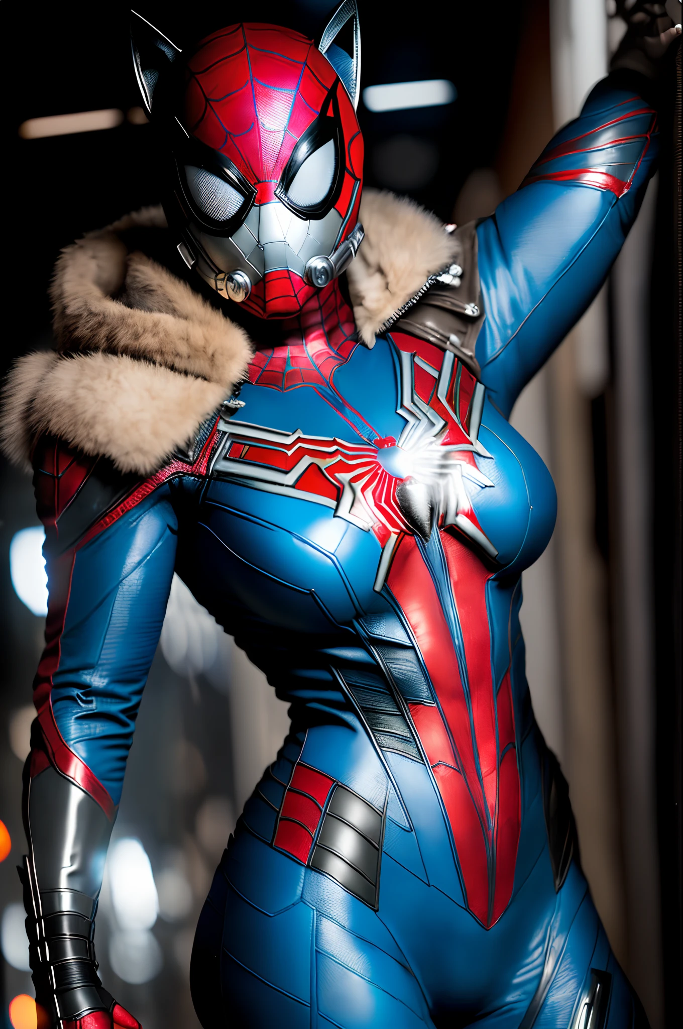 ((((American female goddess, detailed face, perfect light blue eyes, hot woman, she wears an open wolf leather jacket showing her huge Breasts, giant long breasts showing, based on the Marvel studios films, Spiderman costume, man ant, wearing a technological open jacket)))), Erotic(1girl:1.3), alone, ((She wears the Spider-Man mask)), perfect sexy naked body parts, Official Art, 8k unified wallpaper, super detailed, handsome and aesthetic, beautiful, masterpiece, best quality, Ultra realistic, masterpiece, super fine photo, best quality, super high res, Photorealistic realism, sunlight, full body portrait, amazing beauty, dynamic pose , delicate face, vibrant eyes, She's wearing a full-body Spider-Man, ant-man red and black color scheme, Huge breasts, puzzy marked bottom, Very detailed abandoned warehouse bottom, detailed face, complex detailed busy background, Messy, gorgeous , milky, highly detailed skin, realistic skin details, visible pores, sharp focus, volumetric mist, 8k UHD, DSLR Camera, high quality, grain of film, clear skin, Photo realism, (cinemactic), Great metropolis in a future dystopia , Costume carnage, venon, Detailed and torn Marvel Spider-Man showing the girl's erotic body and her hot parts, costume stuck in the pussy , Epic scene of Spider-Woman lifting a motorcycle with one hand, epic pose , (breasts sticking out of the clothes), ((((Pornography, nude))), perfect details without errors, Erotic, (Spide-Man Mask), (cleavage breasts, showing, big breasts, Huge breasts, sticking out of clothes)