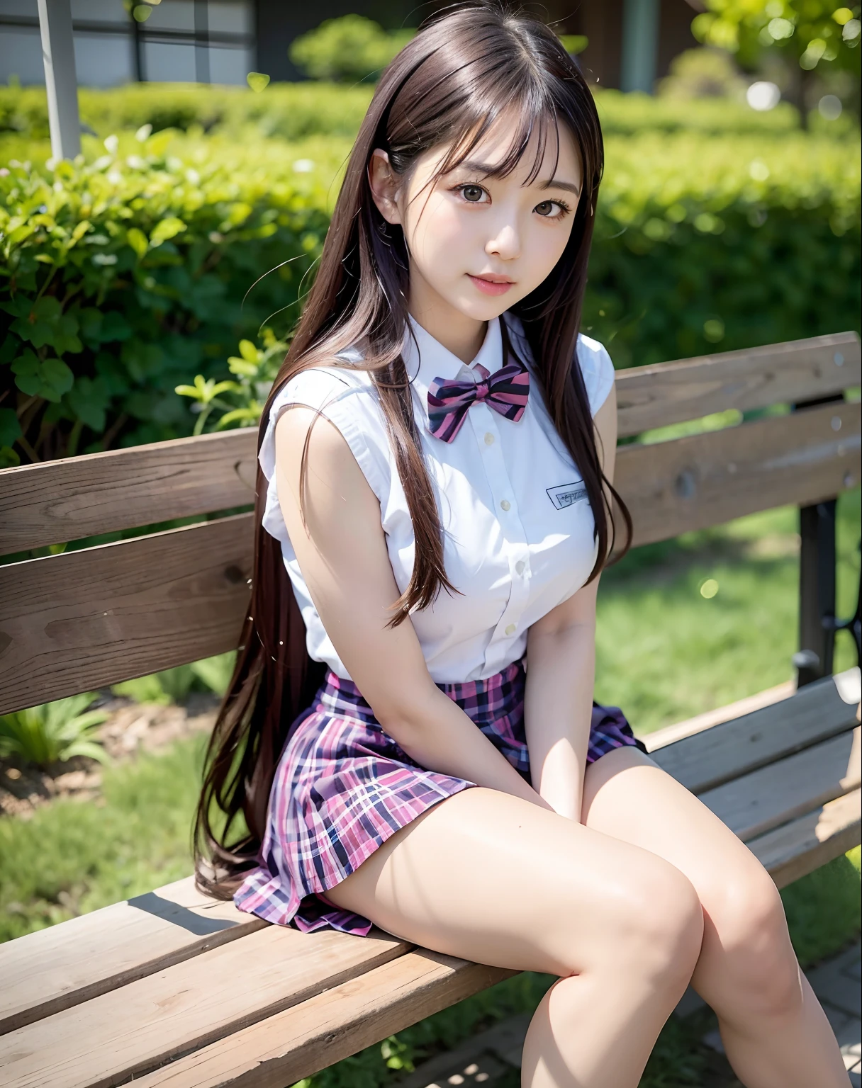 Center view、Close up portrait of Japan woman in short skirt and bow tie sitting with one leg upright on a park bench, goddess of Japan, Sexy Girl, Japanese Models,Twin-tailed、Pink ribbon、 Beautiful Asian Girl, a japanese girl, a japanese girl, Chest that looks like it's going to burst, Man Japan Woman, Phenomenal cuteness、Bold poses、Inviting eyes、One leg standing on a bench、Open crotch、panty visible、Raised pubis、Phenomenally cute schoolgirl、Japan Girl Uniform、Wearing Japan school uniform、Japan School Uniforms、a hyperrealistic schoolgirl、Dressed as a schoolgirl、a hyperrealistic schoolgirl、Wearing a uniform、Realistic Schoolgirl、Girl in Uniform、Wearing a uniform、Schoolgirl Pose、full body Esbian、Nice skin、glistning skin、lovely thighs、glowing thigh、shining legs、bare-legged , High School in Japan 、idol、韓国idol、Invite you inside、Inviting eyes、