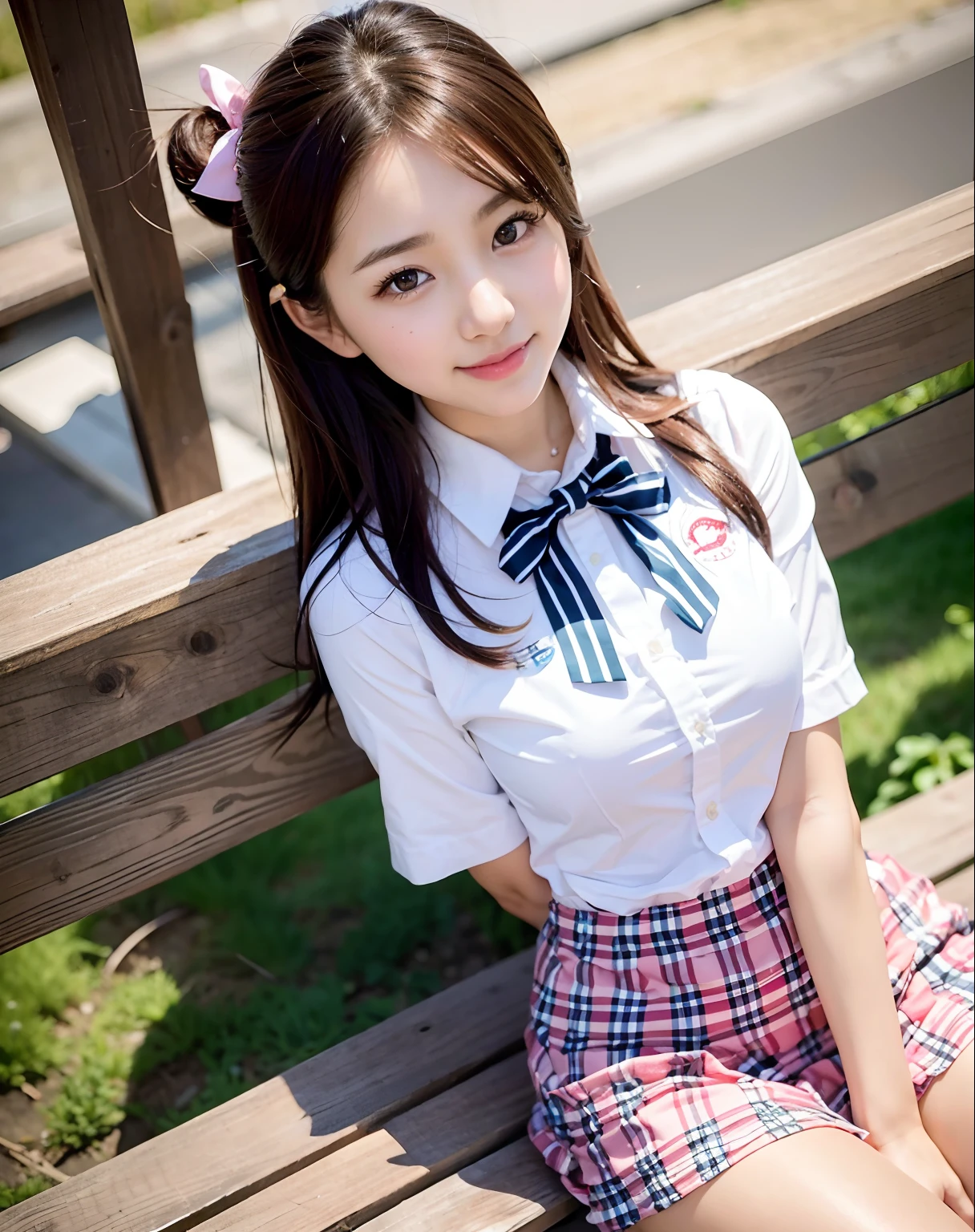 Center view、Close up portrait of Japan woman in short skirt and bow tie sitting with one leg upright on a park bench, goddess of Japan, Sexy Girl, Japanese Models,Twin-tailed、Pink ribbon、 Beautiful Asian Girl, a japanese girl, a japanese girl, Chest that looks like it's going to burst, Man Japan Woman, Phenomenal cuteness、Bold poses、Inviting eyes、One leg standing on a bench、Open crotch、panty visible、Raised pubis、Phenomenally cute schoolgirl、Japan Girl Uniform、Wearing Japan school uniform、Japan School Uniforms、a hyperrealistic schoolgirl、Dressed as a schoolgirl、a hyperrealistic schoolgirl、Wearing a uniform、Realistic Schoolgirl、Girl in Uniform、Wearing a uniform、Schoolgirl Pose、full body Esbian、Nice skin、glistning skin、lovely thighs、glowing thigh、shining legs、bare-legged , High School in Japan 、idol、韓国idol、Invite you inside、Inviting eyes、