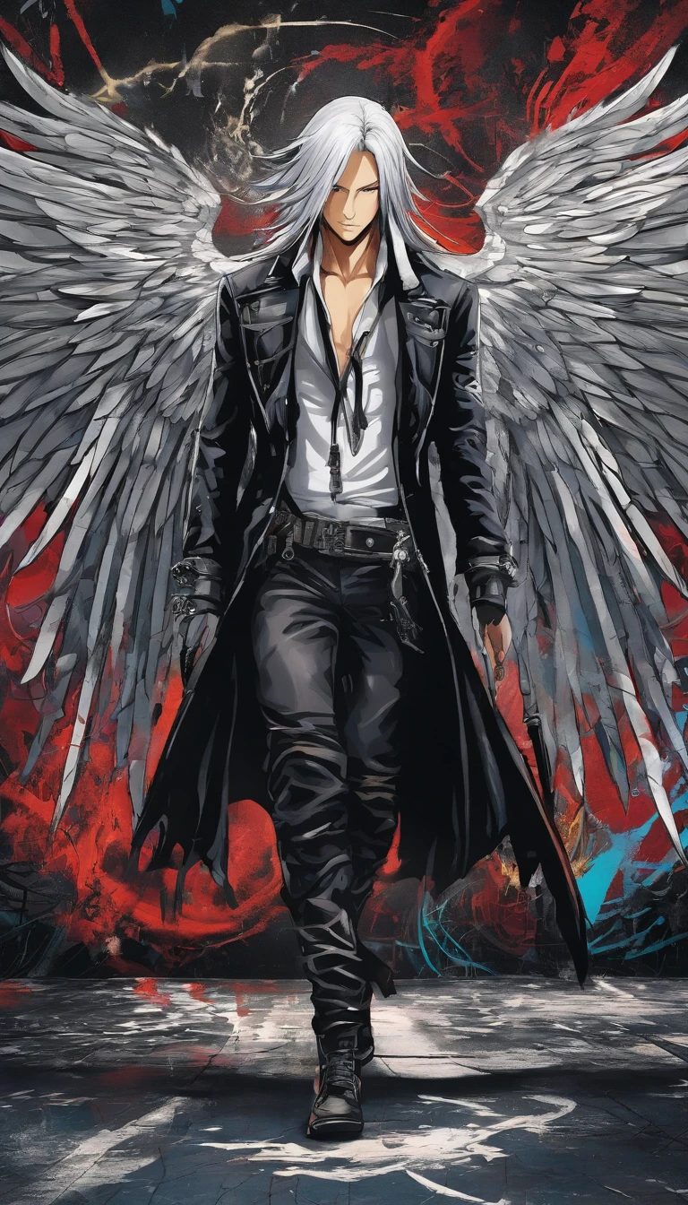 awe inspiring,,Dark and mysterious interior architecture,, depth of fields, One-person viewpoint, top-quality, hight resolution, ighly detailed,, The ultra -The high-definition,Focus on the eyes,Antique style, (silber hair: 1.1), (Silver eyes: 1.1), big eye,(Fluttering chest:1.4),llight rays,Tyndall phenomenon,Strong light shines in,One-winged fallen angel,Black wings,FF7,Sephiroth,male people,Black leather clothing,masamune,27yo,